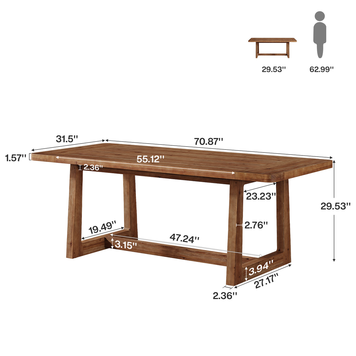 71" Solid Wood Dining Table for 6-8, Farmhouse Kitchen Table with Thickened Tabletop