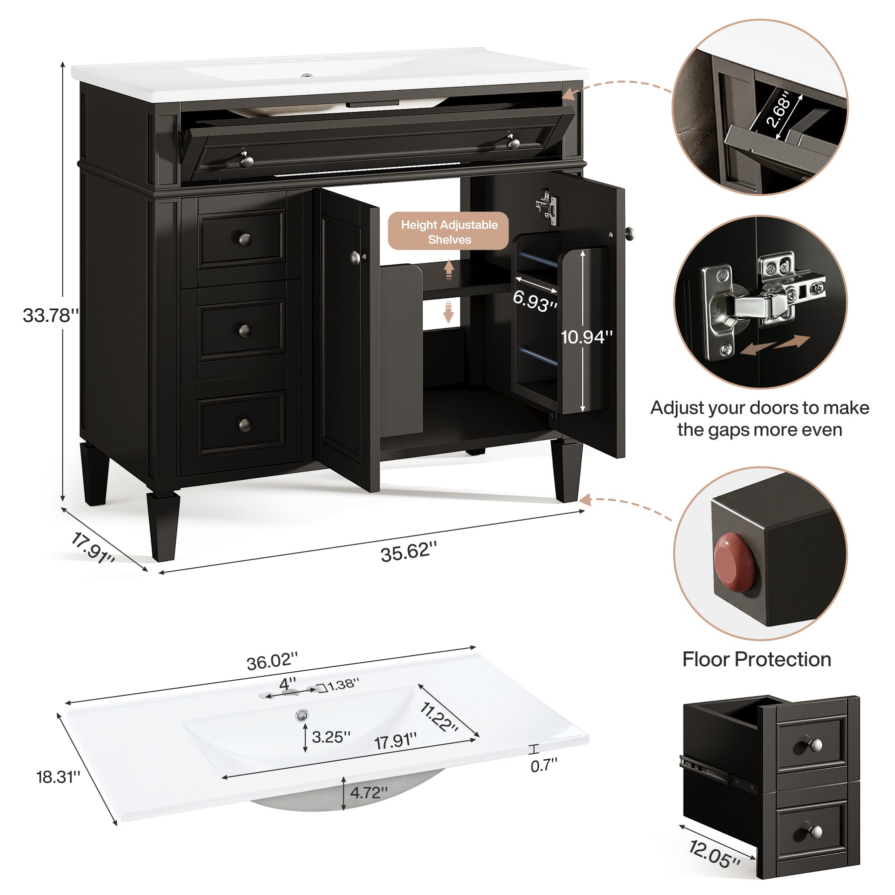 Modern Bathroom Vanity, 36" Bathroom Sink Vanity Cabinet with 3 Drawers