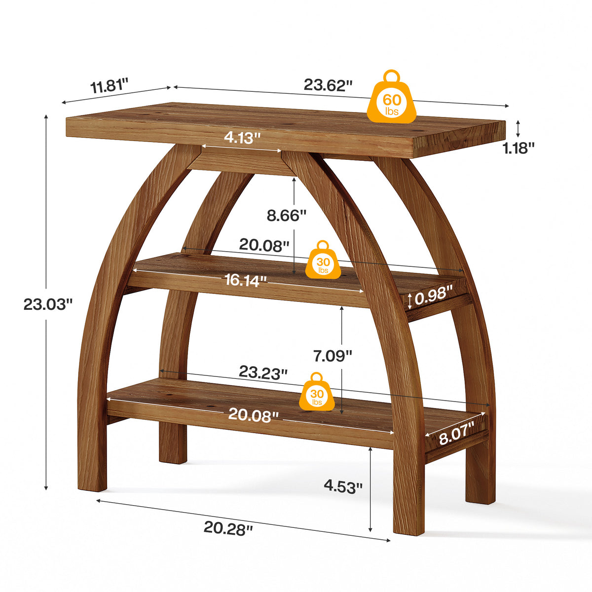 23.6" Solid Wood Nightstand with 3-Tier Shelf, Narrow Bedside Table with Arched Legs