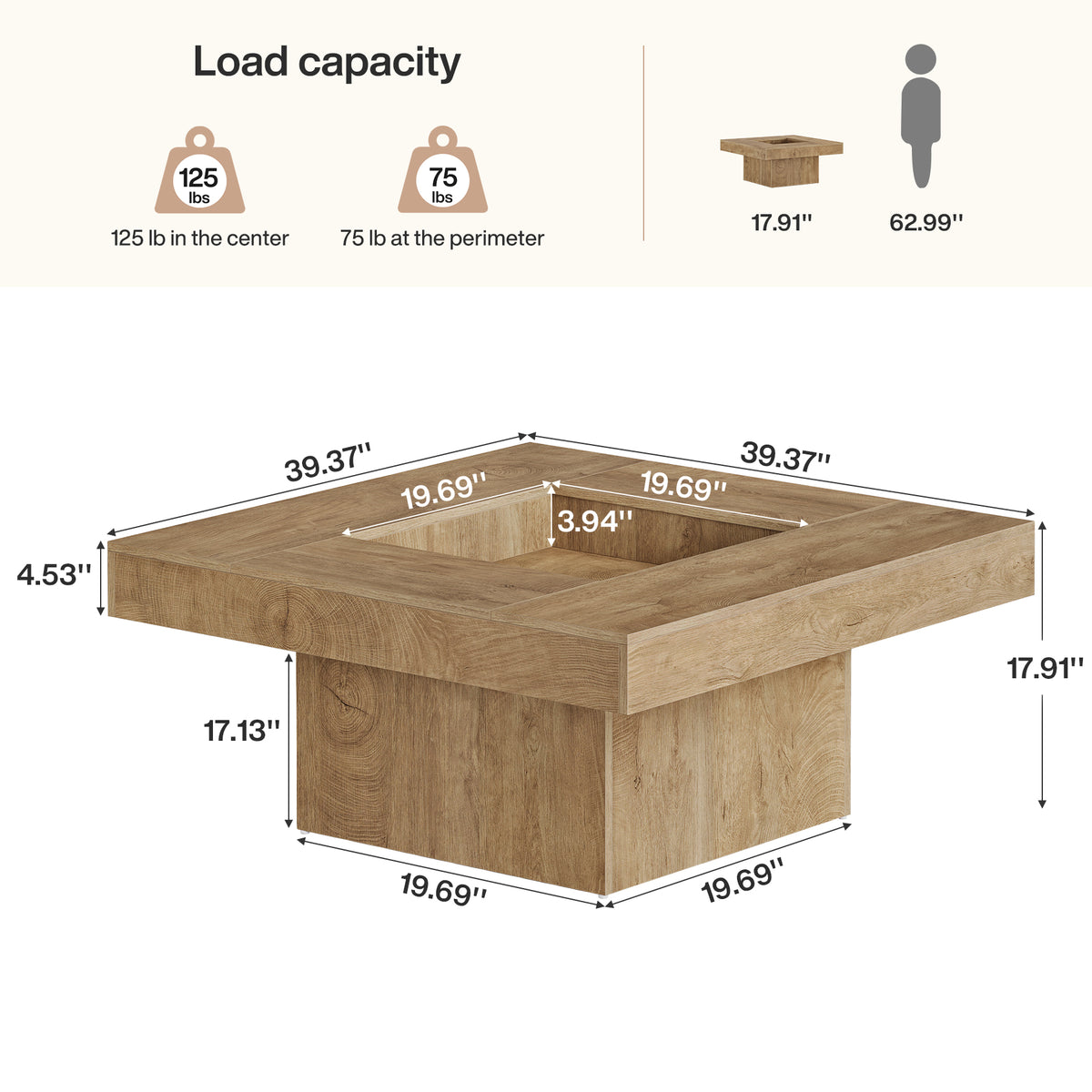 39" Square Farmhouse Coffee Table, Hollow Center Design, Wooden Pedestal Base