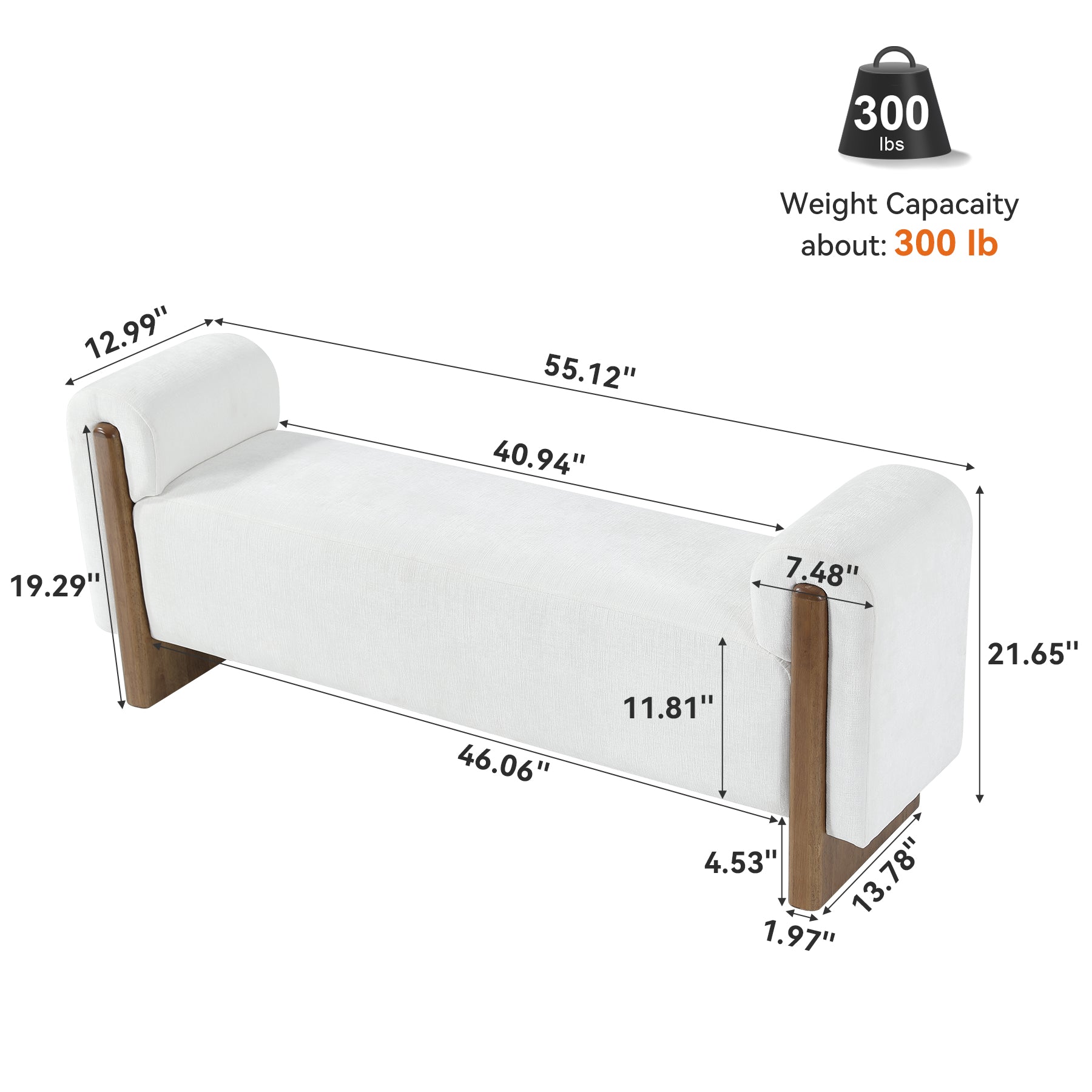 55" End of Bed Bench with Arms, Modern Upholstered Bedroom Bench, Solid Wood Base