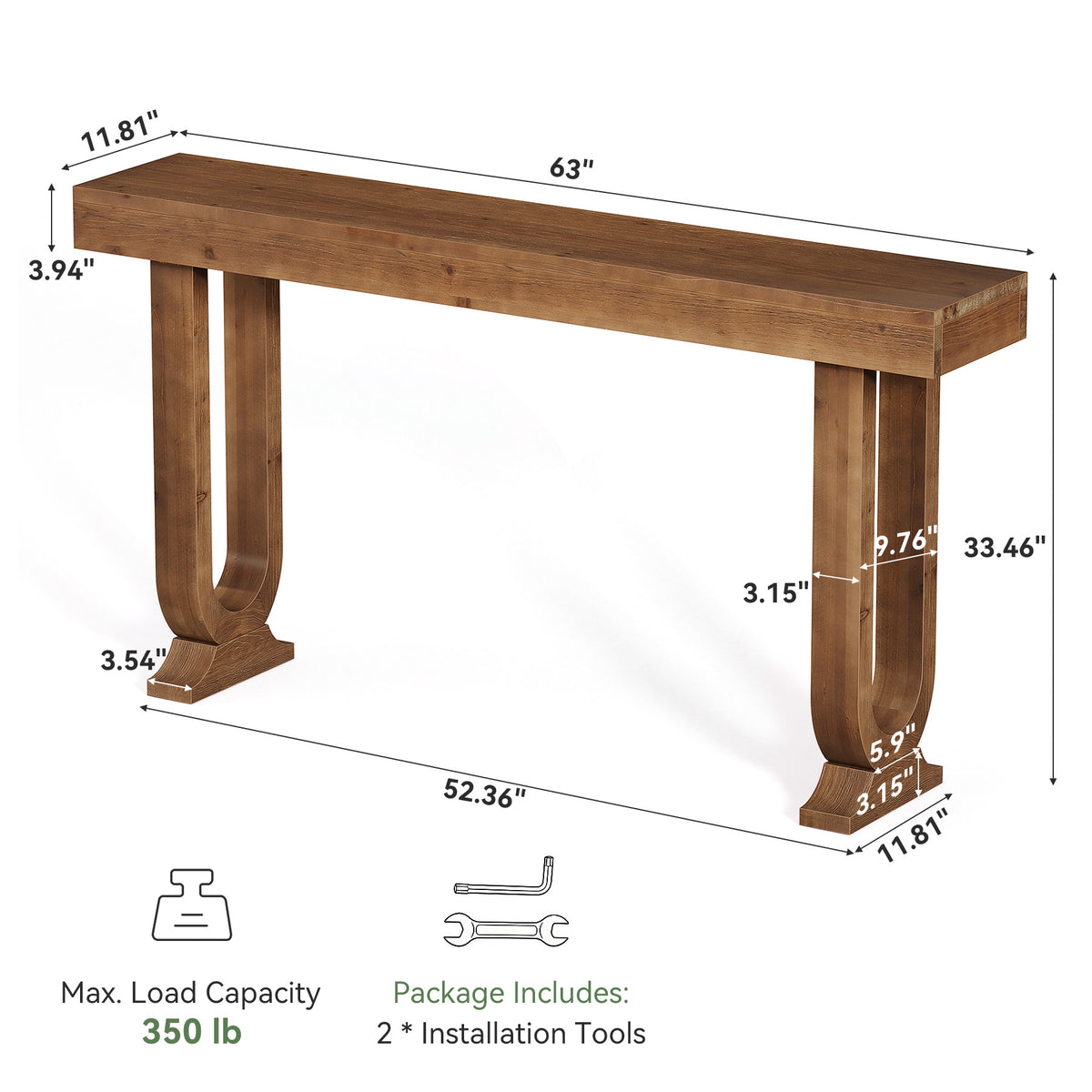 63" Farmhouse Console Table, Thick Solid Wood & Unique Legs, Entryway Sofa Table