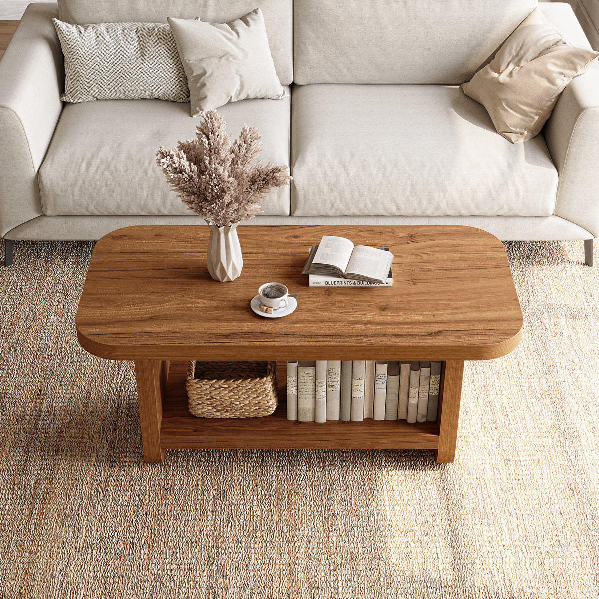 47.2" Coffee Table, Modern Farmhouse Center Table with Open Storage