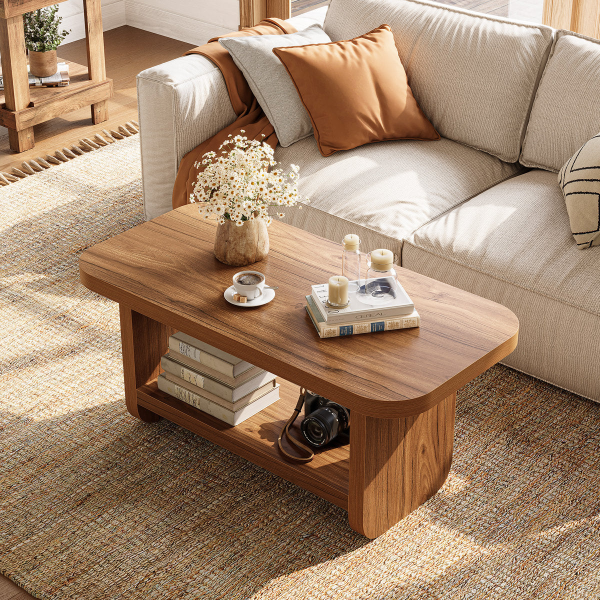 47.2" Coffee Table, Modern Farmhouse Center Table with Open Storage