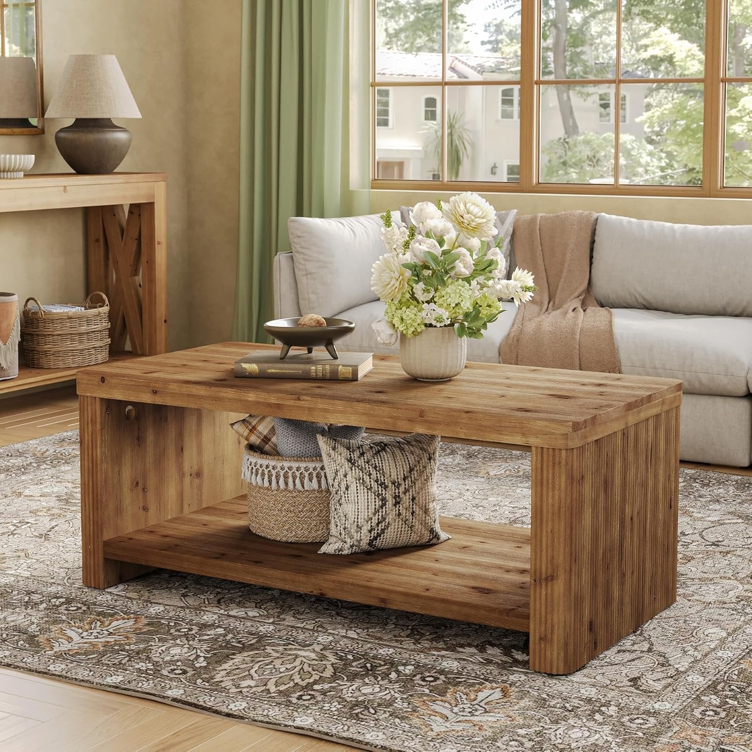 47.2" Coffee Table, 2-Tier Solid Wood Rectangle Accent Center Tea Table