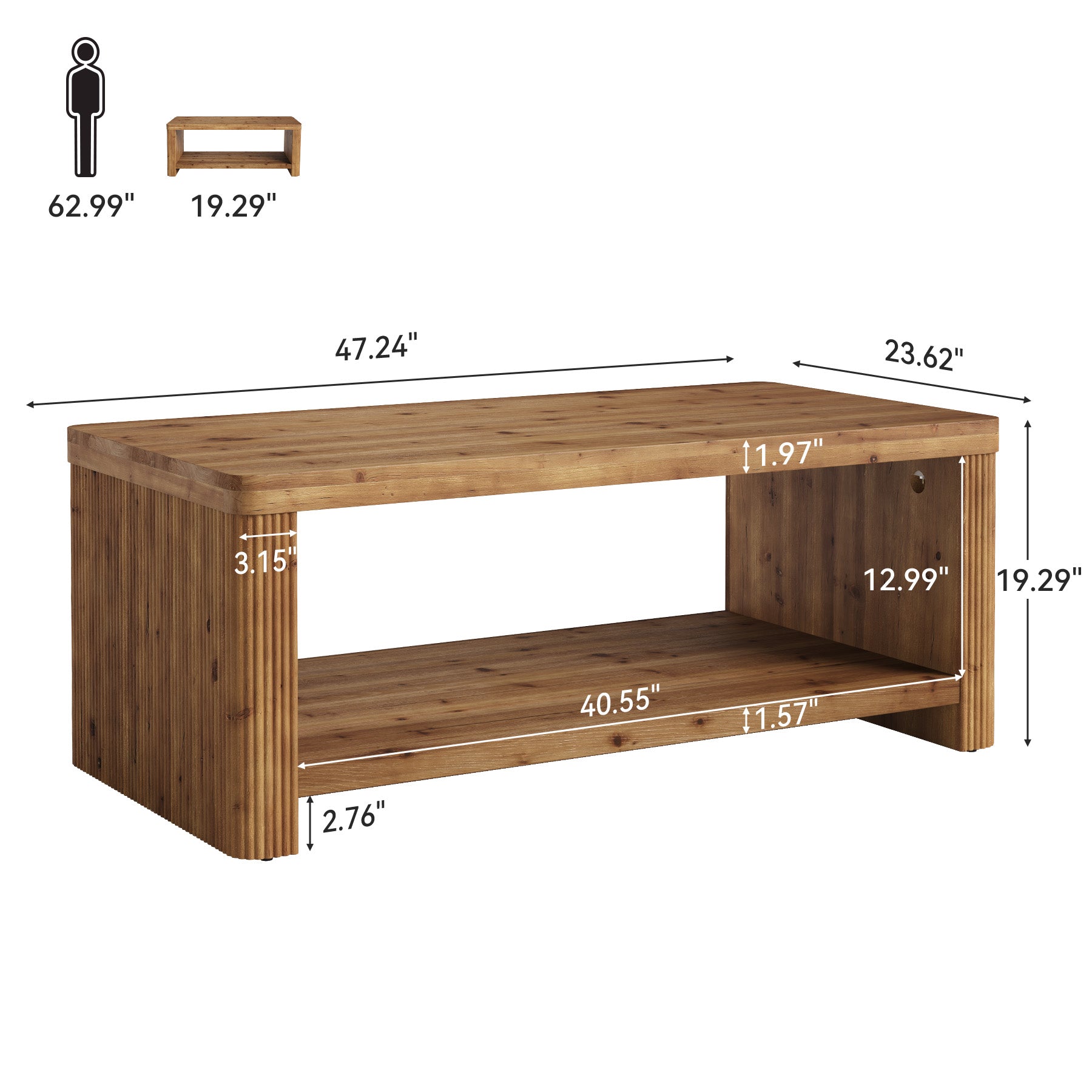 47.2" Coffee Table, 2-Tier Solid Wood Rectangle Accent Center Tea Table