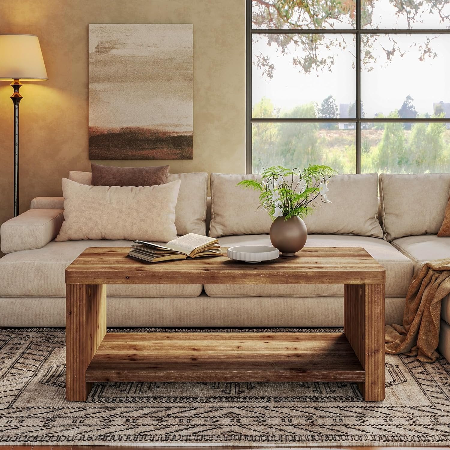 47.2" Coffee Table, 2-Tier Solid Wood Rectangle Accent Center Tea Table