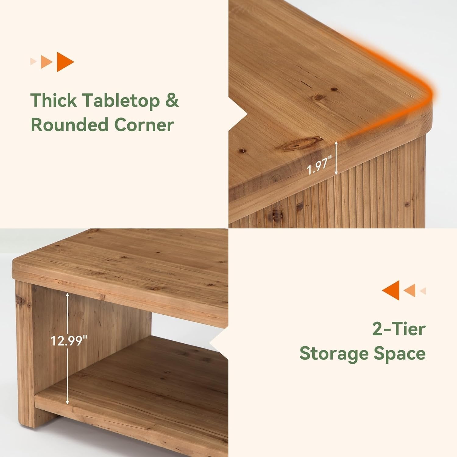 47.2" Coffee Table, 2-Tier Solid Wood Rectangle Accent Center Tea Table