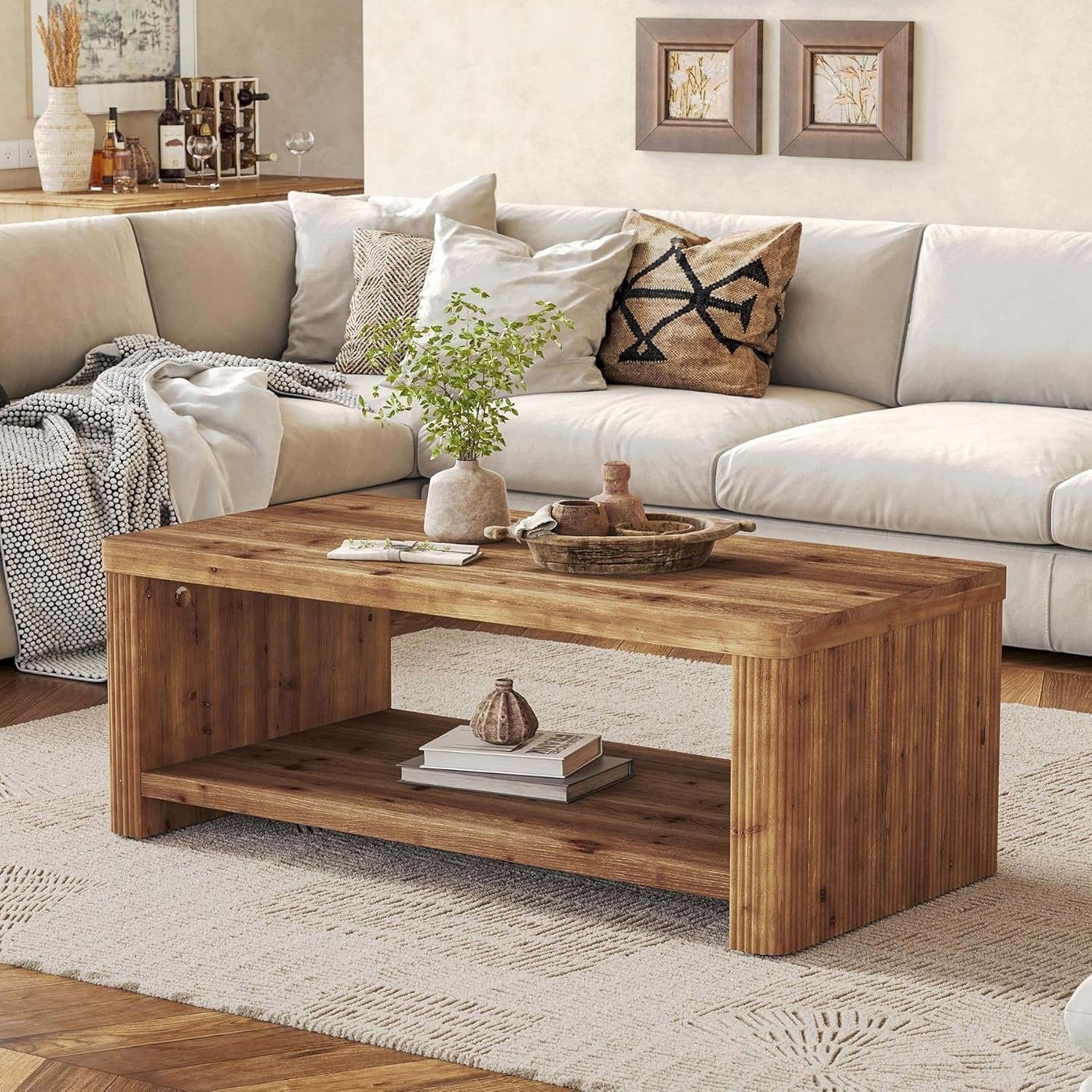 47.2" Coffee Table, 2-Tier Solid Wood Rectangle Accent Center Tea Table