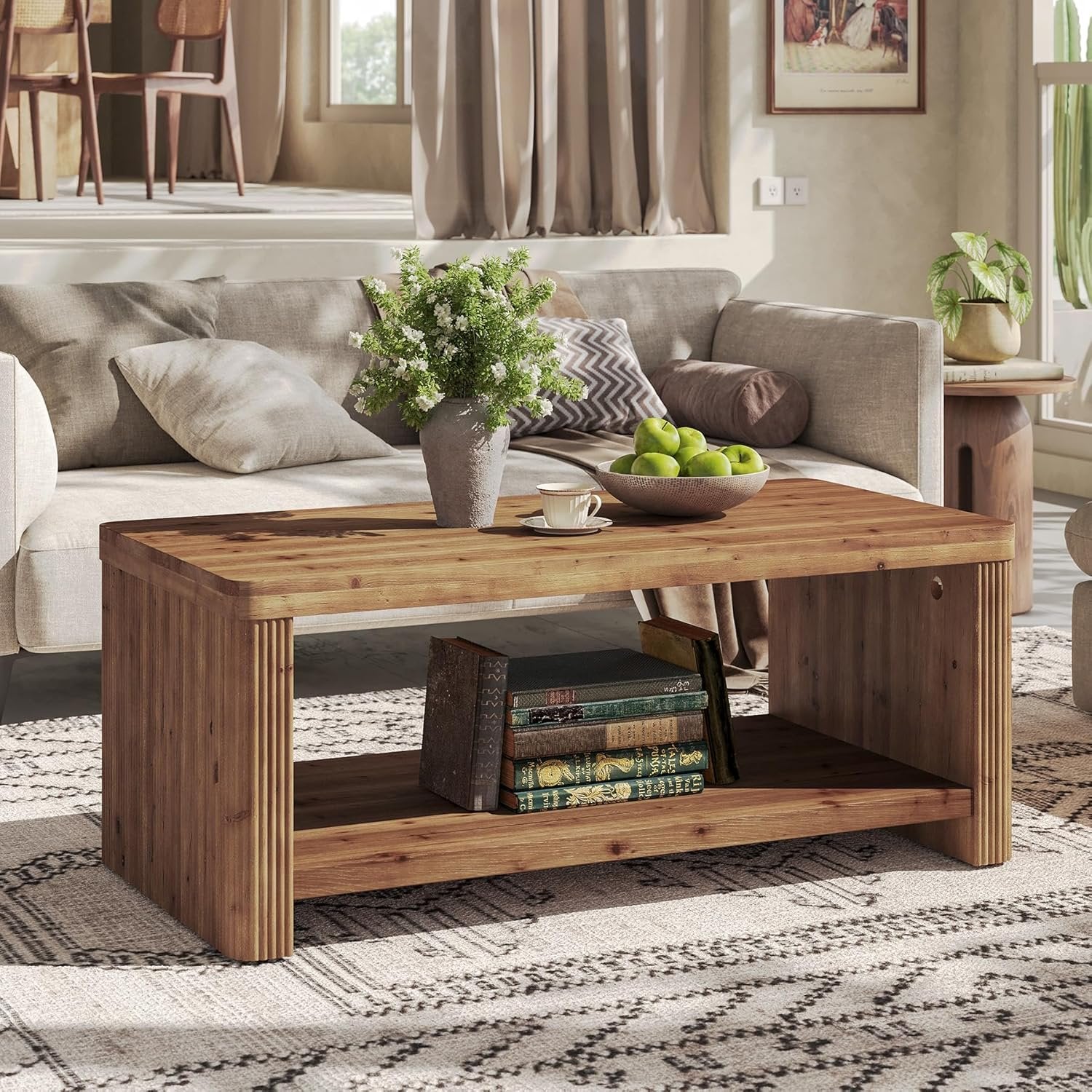 47.2" Coffee Table, 2-Tier Solid Wood Rectangle Accent Center Tea Table