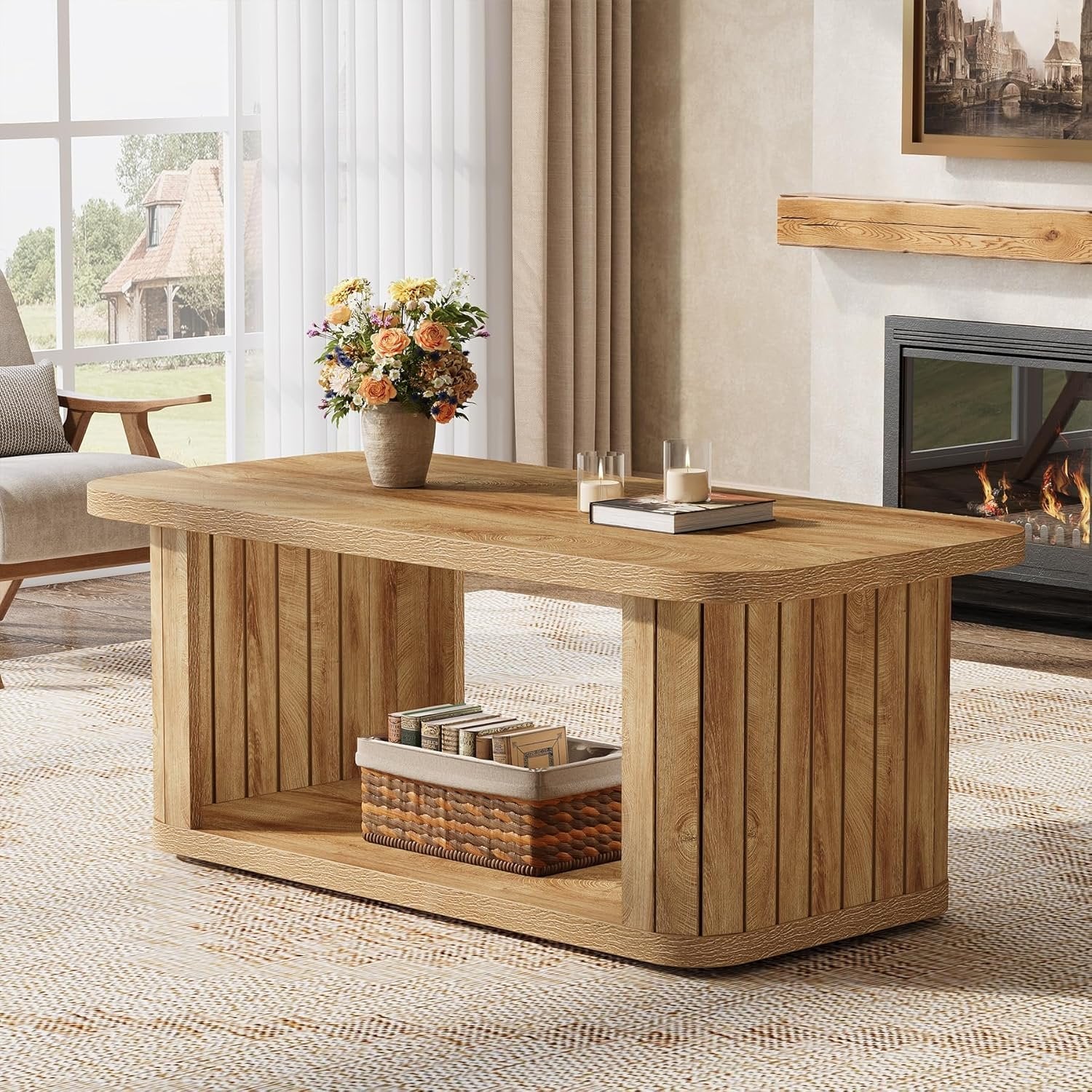 47.2" Coffee Table, Farmhouse 2-Tier Rectangle Center Tables for Living Room