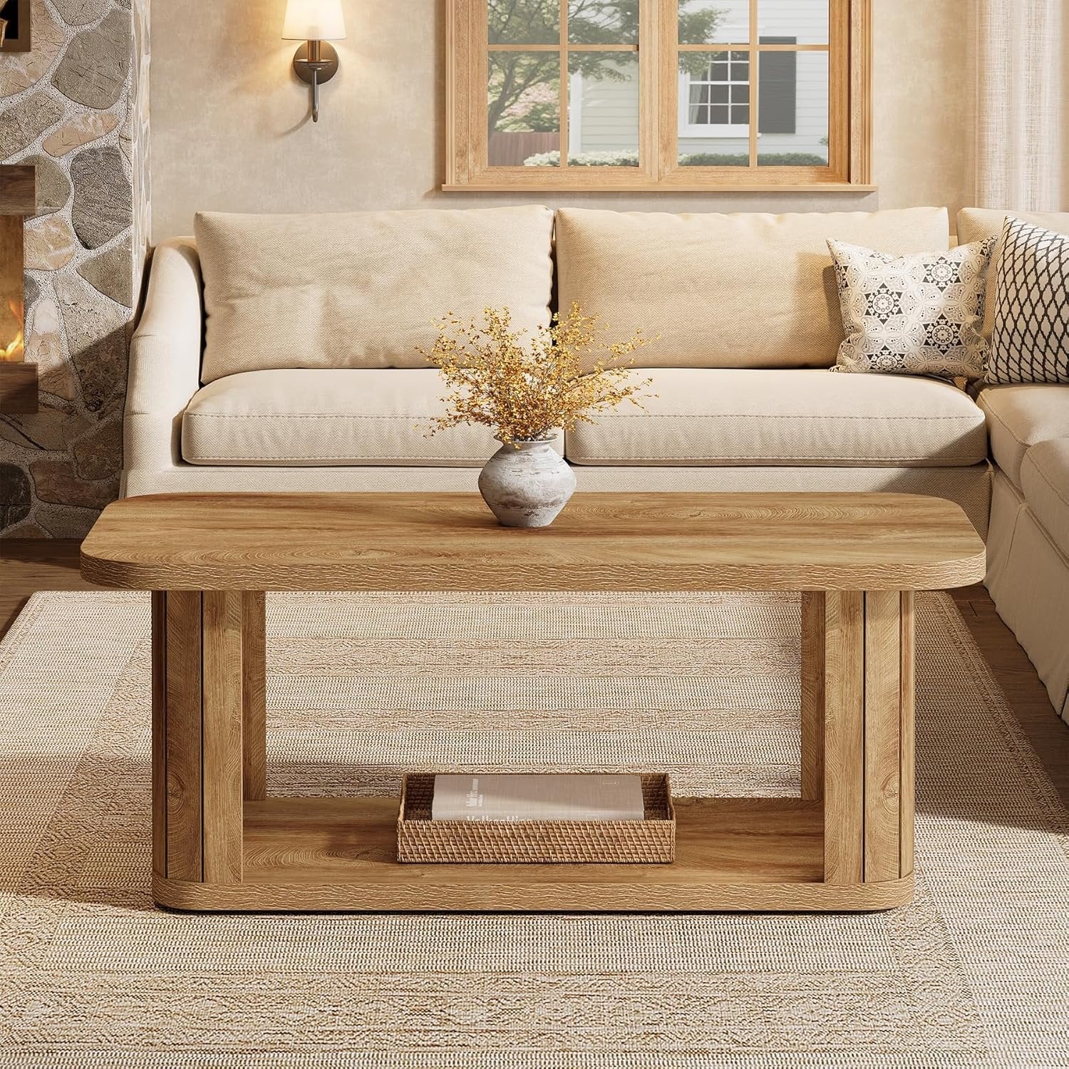47.2" Coffee Table, Farmhouse 2-Tier Rectangle Center Tables for Living Room