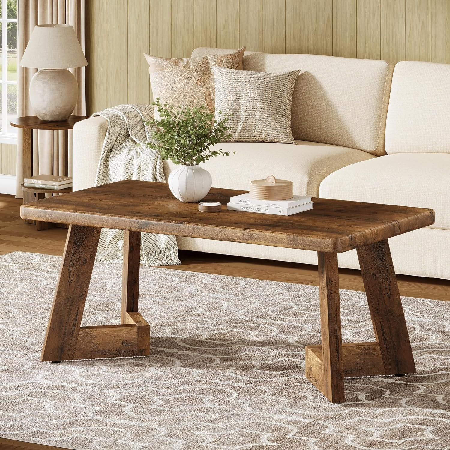 47.2" Coffee Table, Farmhouse Center Table with V-Shaped Legs