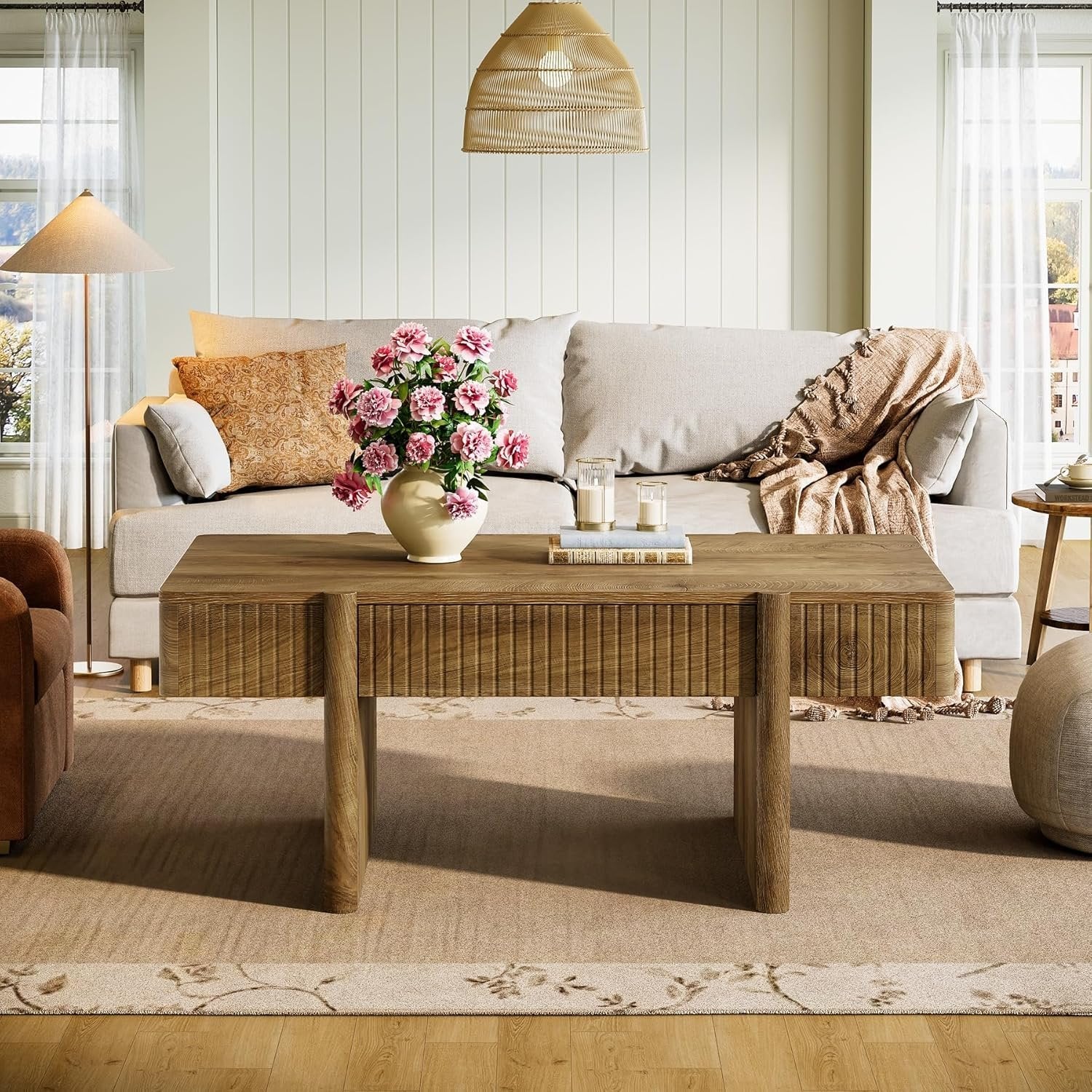 47.2" Rectangle Coffee Table, Wooden Center Table with 2 Storage Drawers