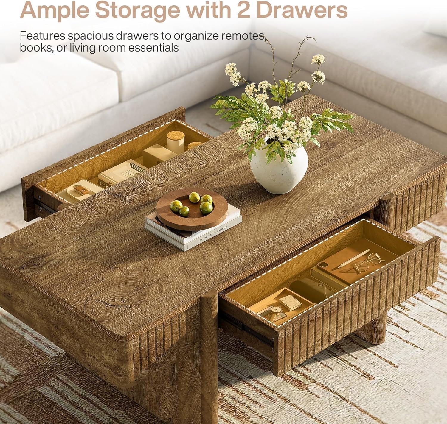 47.2" Rectangle Coffee Table, Wooden Center Table with 2 Storage Drawers