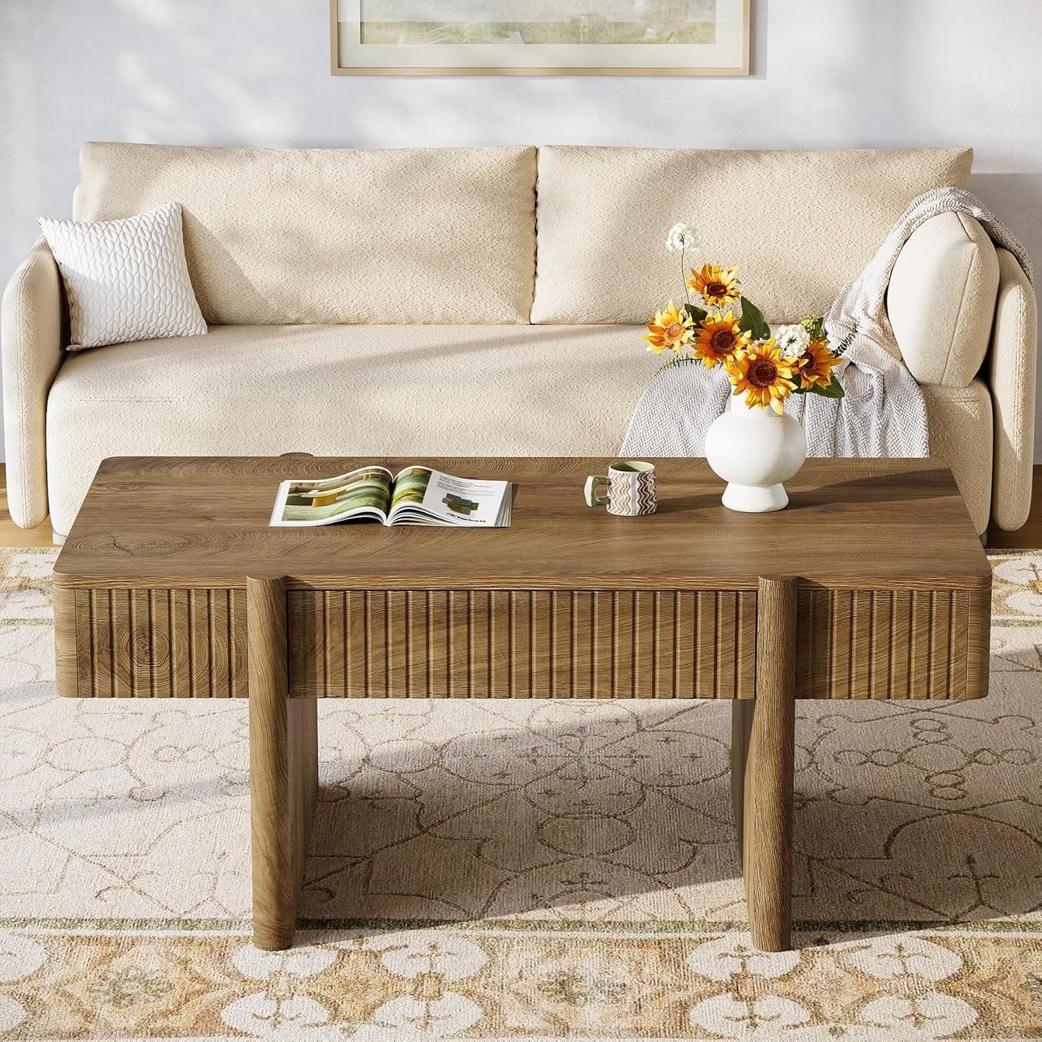 47.2" Rectangle Coffee Table, Wooden Center Table with 2 Storage Drawers