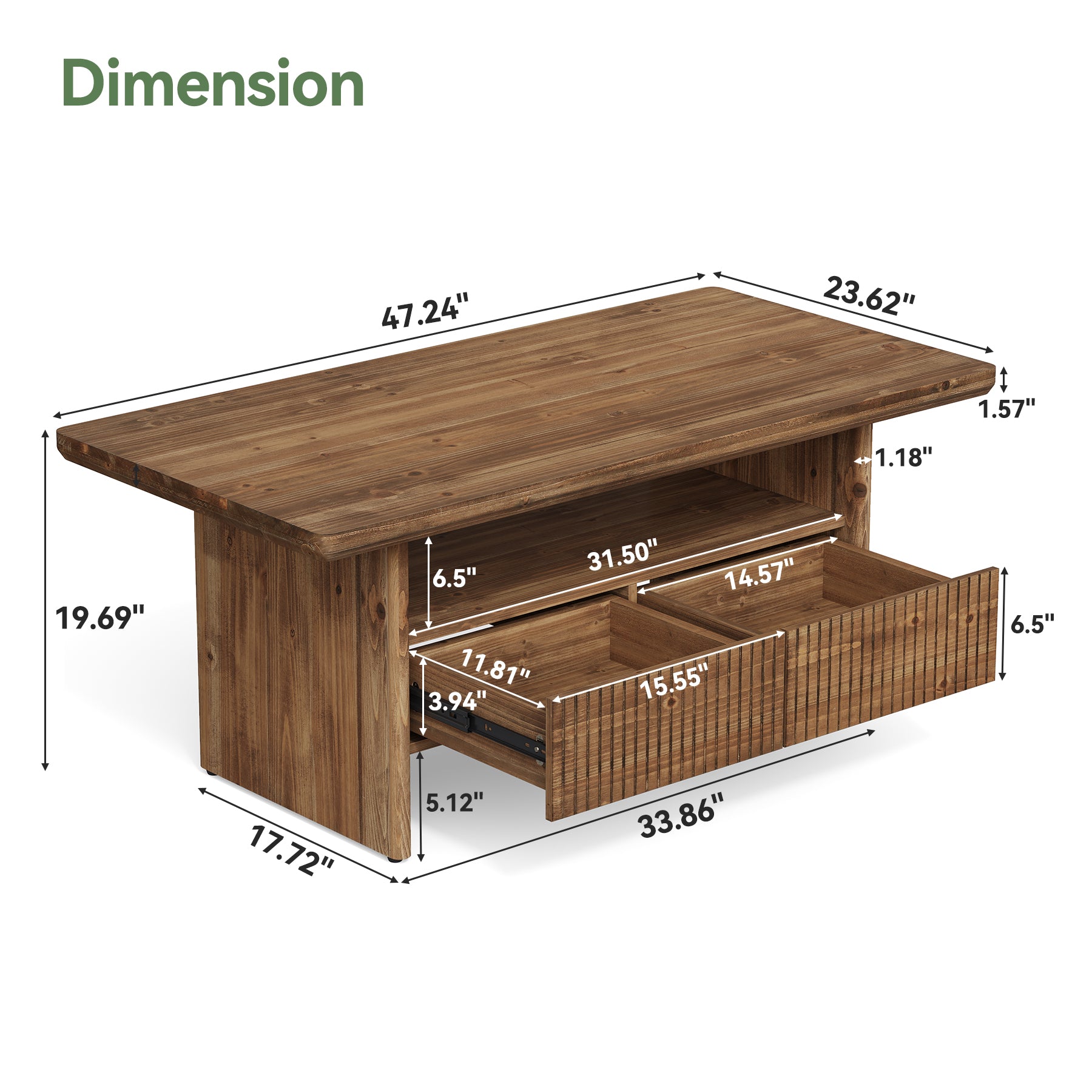 47.2" Solid Wood Coffee Table, 2-Tier Rectangle Center Tea Table with 2 Drawers