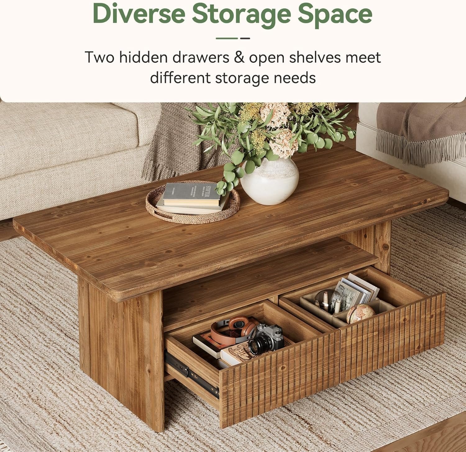 47.2" Solid Wood Coffee Table, 2-Tier Rectangle Center Tea Table with 2 Drawers