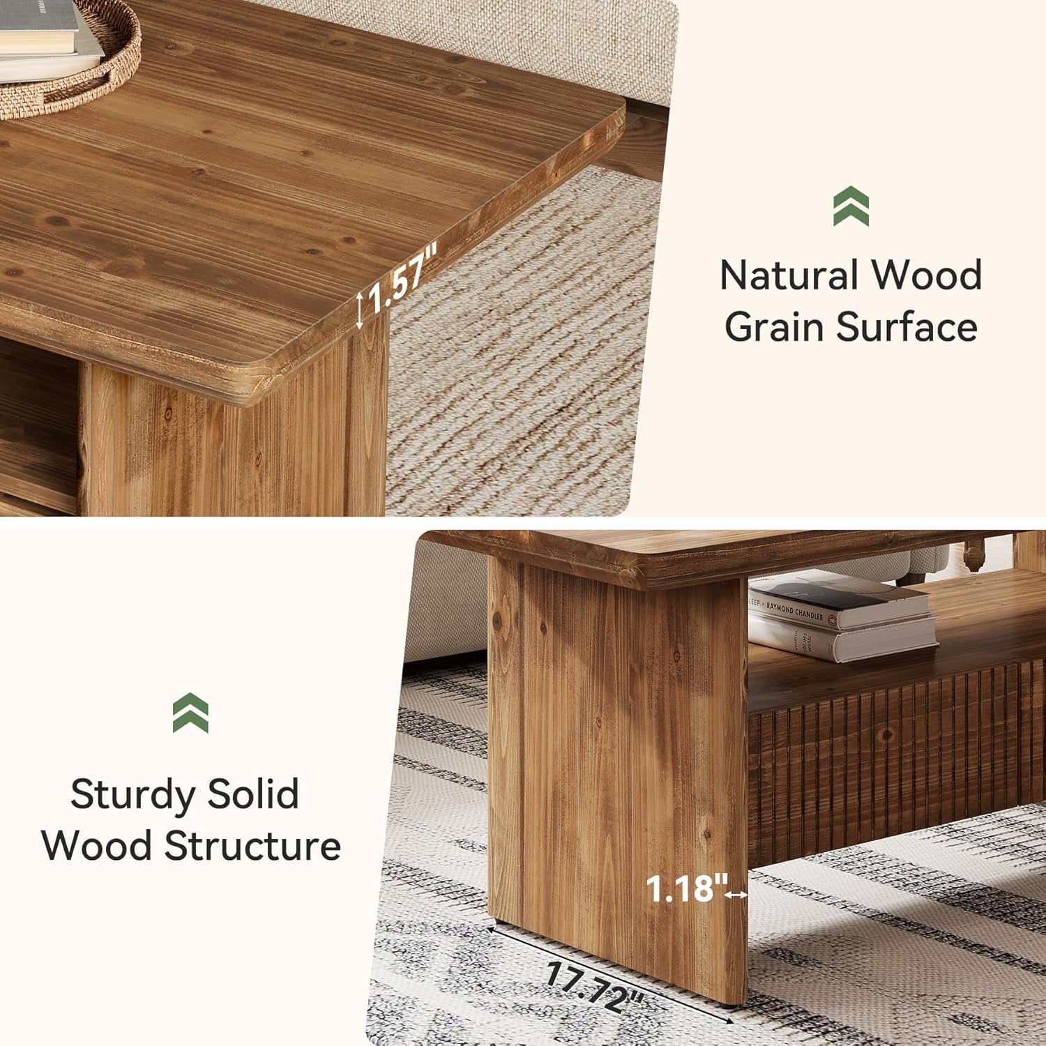 47.2" Solid Wood Coffee Table, 2-Tier Rectangle Center Tea Table with 2 Drawers