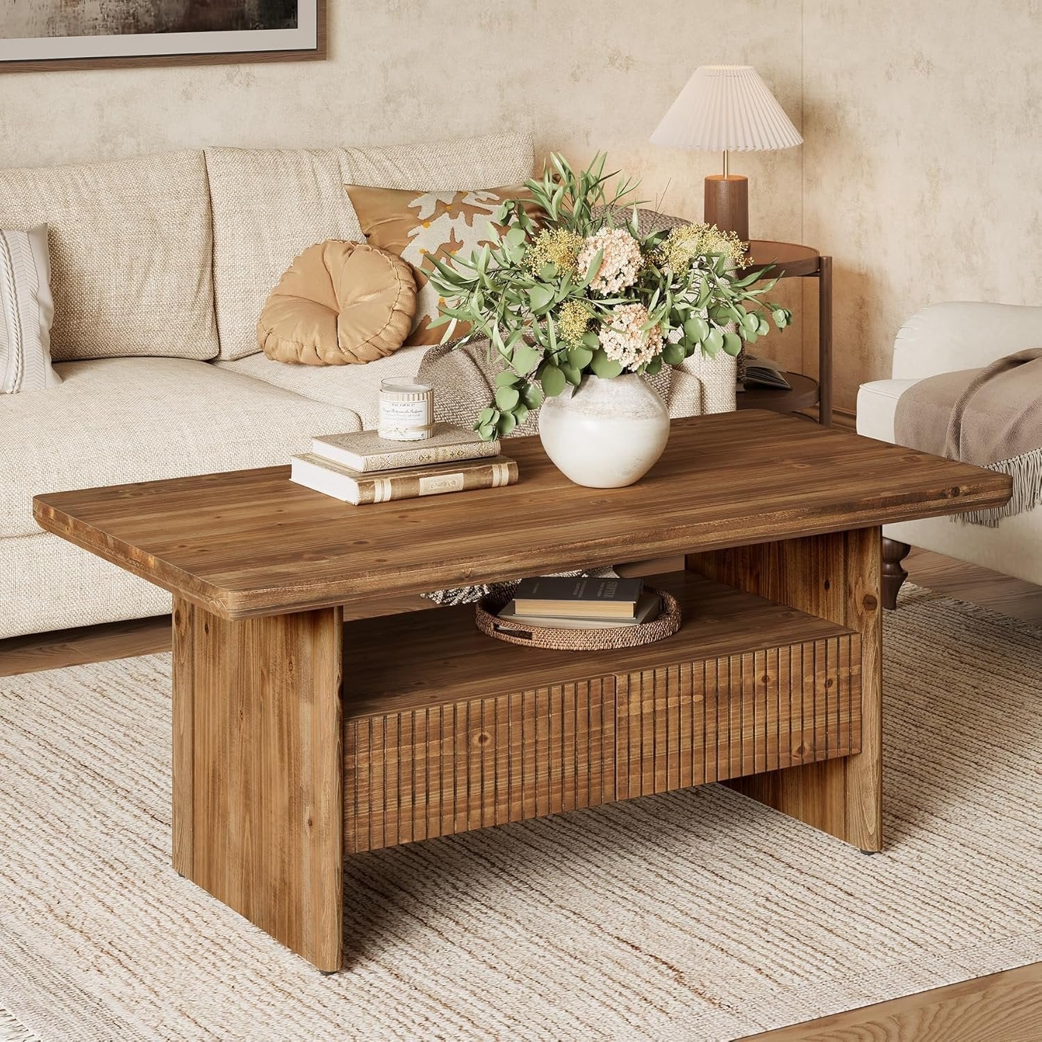 47.2" Solid Wood Coffee Table, 2-Tier Rectangle Center Tea Table with 2 Drawers