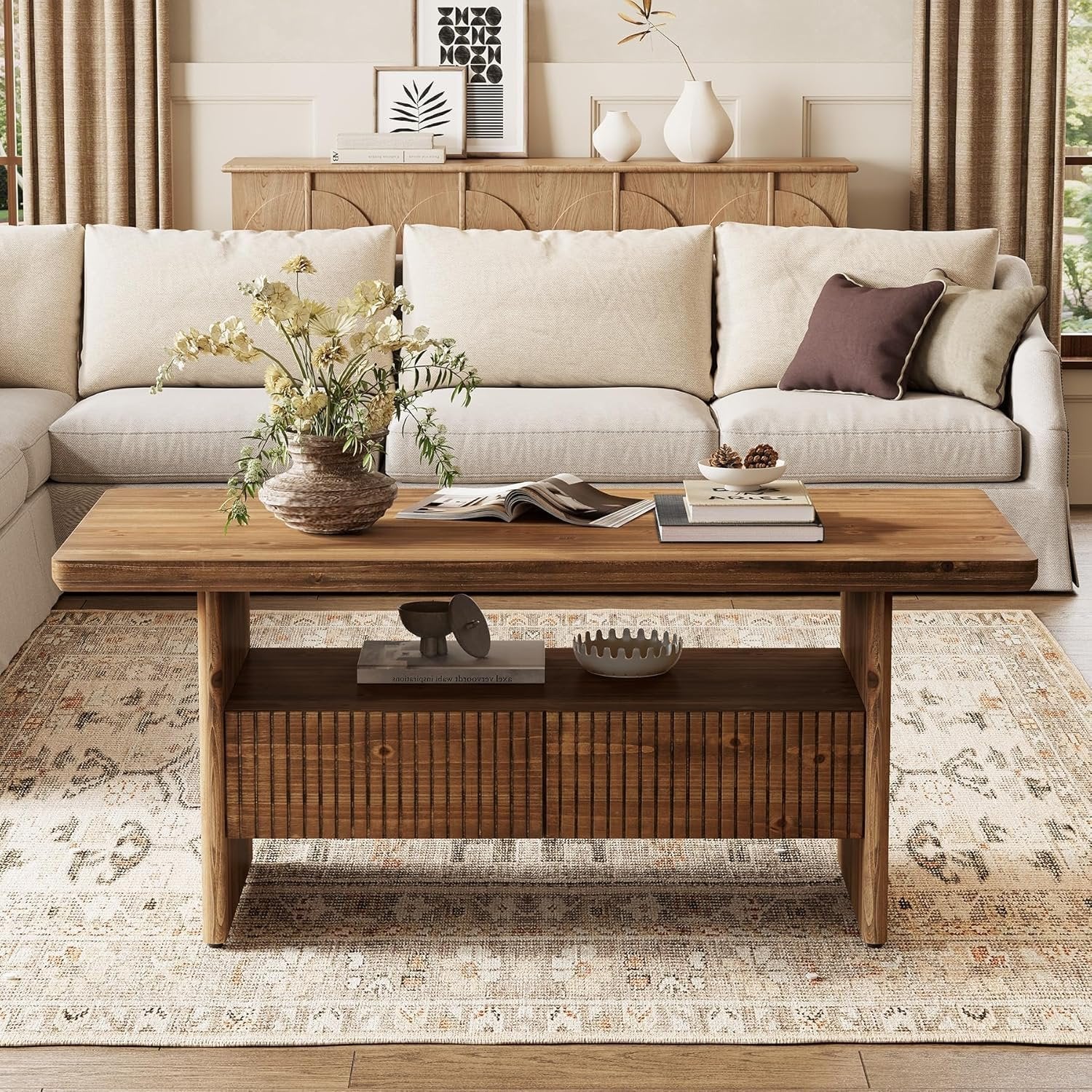 47.2" Solid Wood Coffee Table, 2-Tier Rectangle Center Tea Table with 2 Drawers