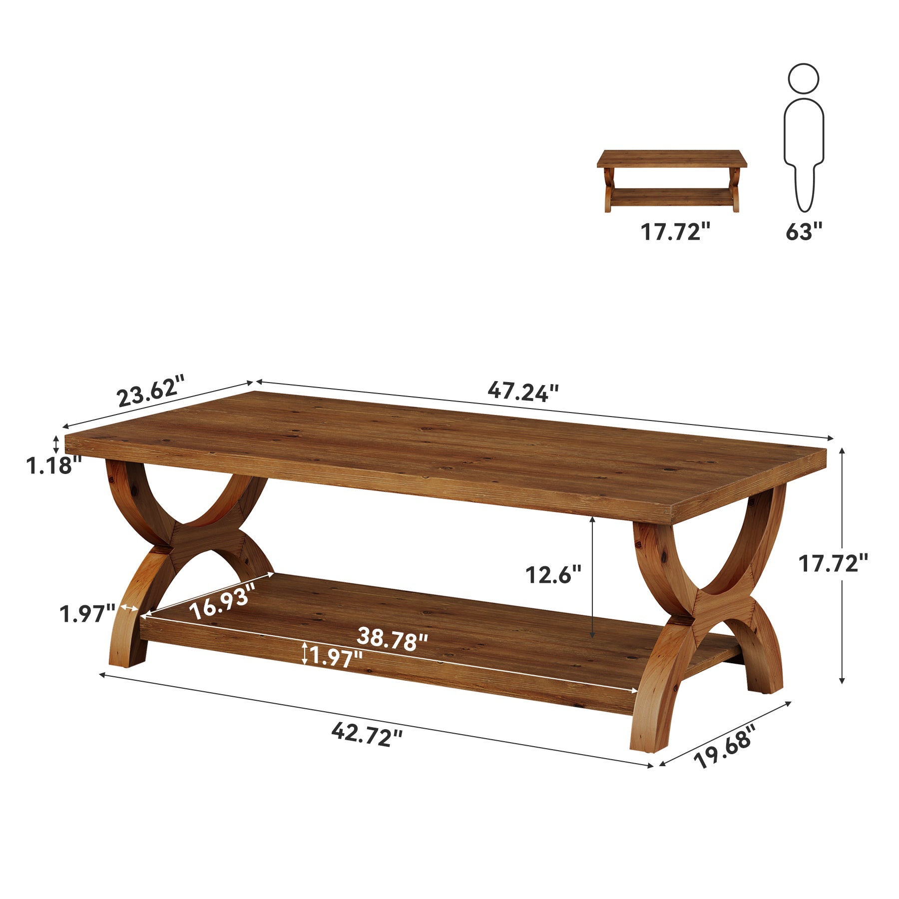 47.2" Solid Wood Coffee Tables, Farmhouse Rectangle Center Tea Table with Storage Shelf