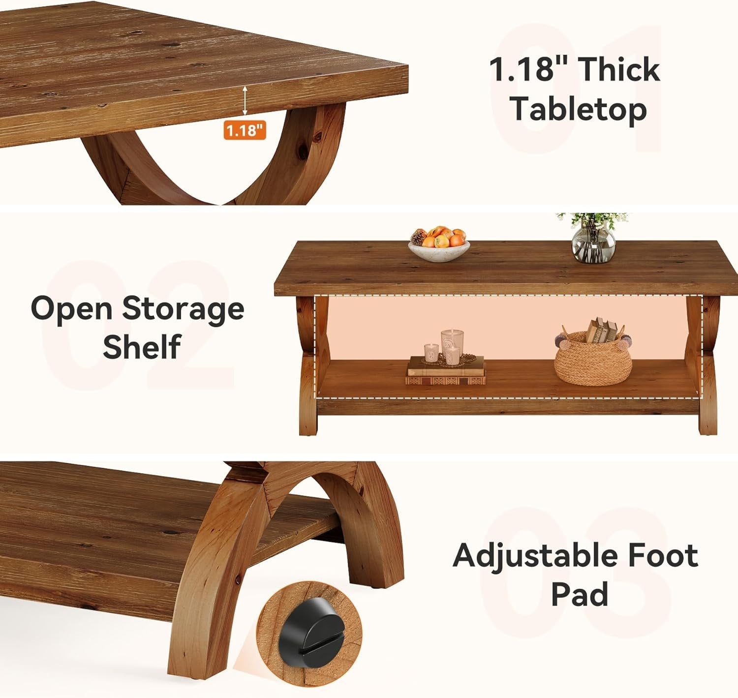 47.2" Solid Wood Coffee Tables, Farmhouse Rectangle Center Tea Table with Storage Shelf