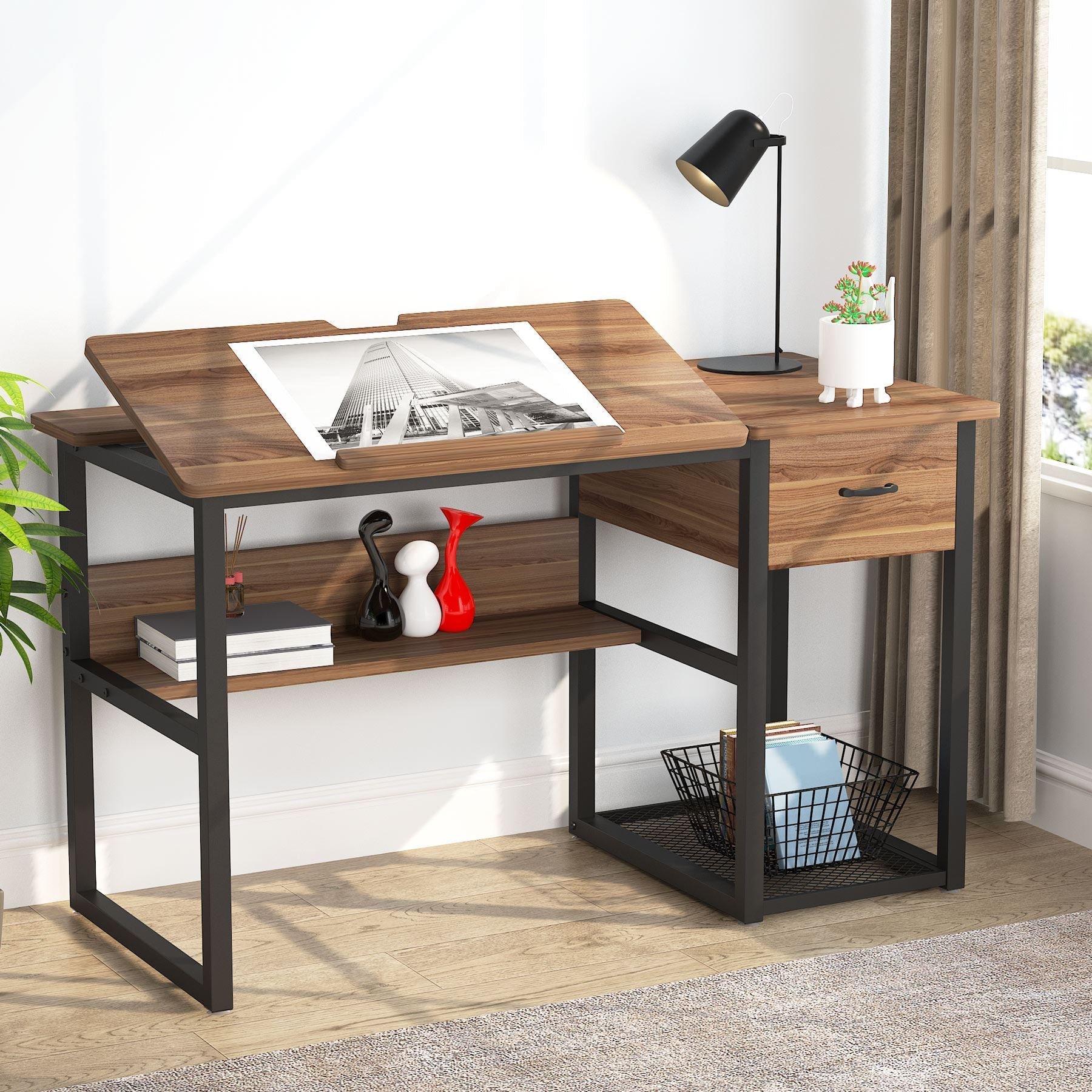 Computer Table With Draw Tribesigns 47'' Drafting Table with Storage Drawers & Tiltable Desktop