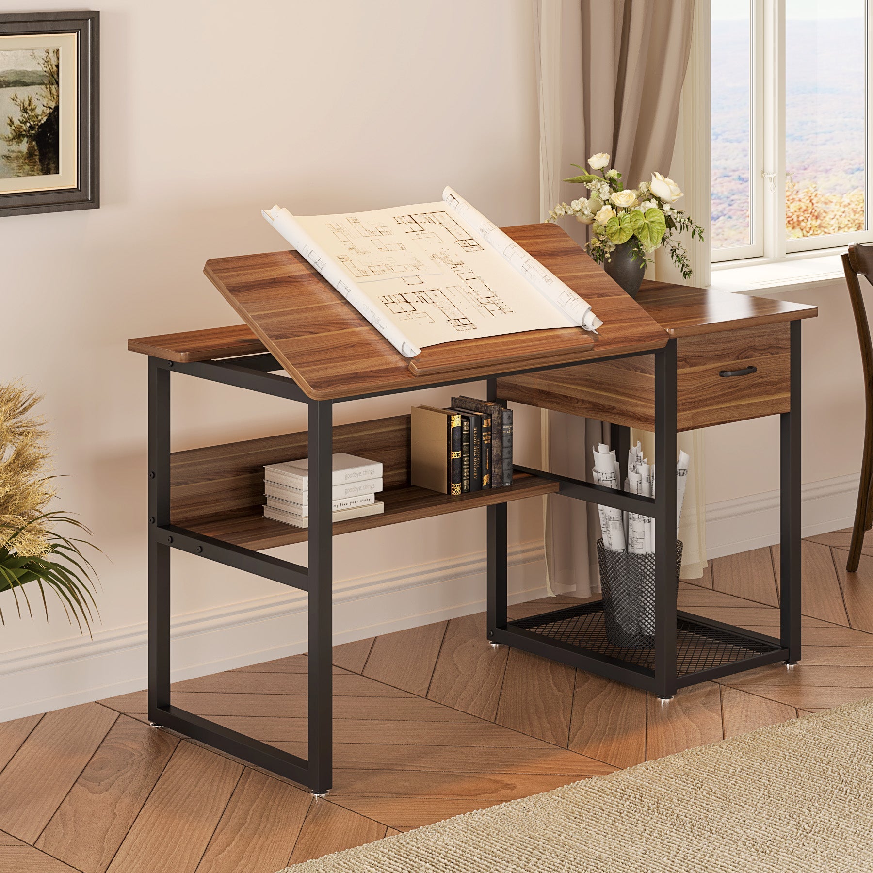 Tribesigns 47 Drafting Table with Storage Drawers Tiltable Desktop