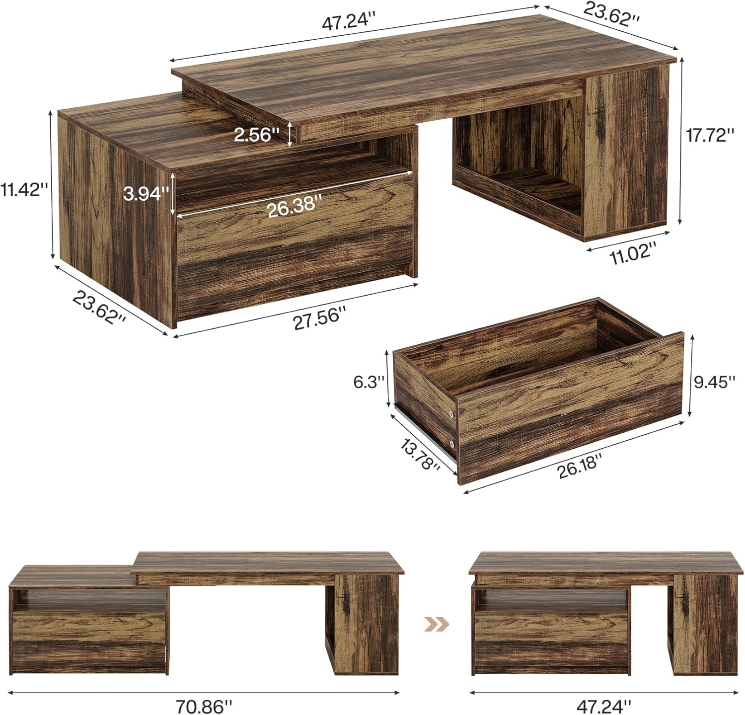 47" - 70" Extendable Coffee Table, Reversible Center Table Tea Table with Drawer Tribesigns