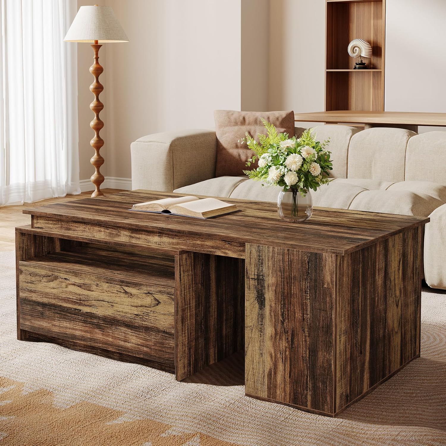 47" - 70" Extendable Coffee Table, Reversible Center Table Tea Table with Drawer Tribesigns