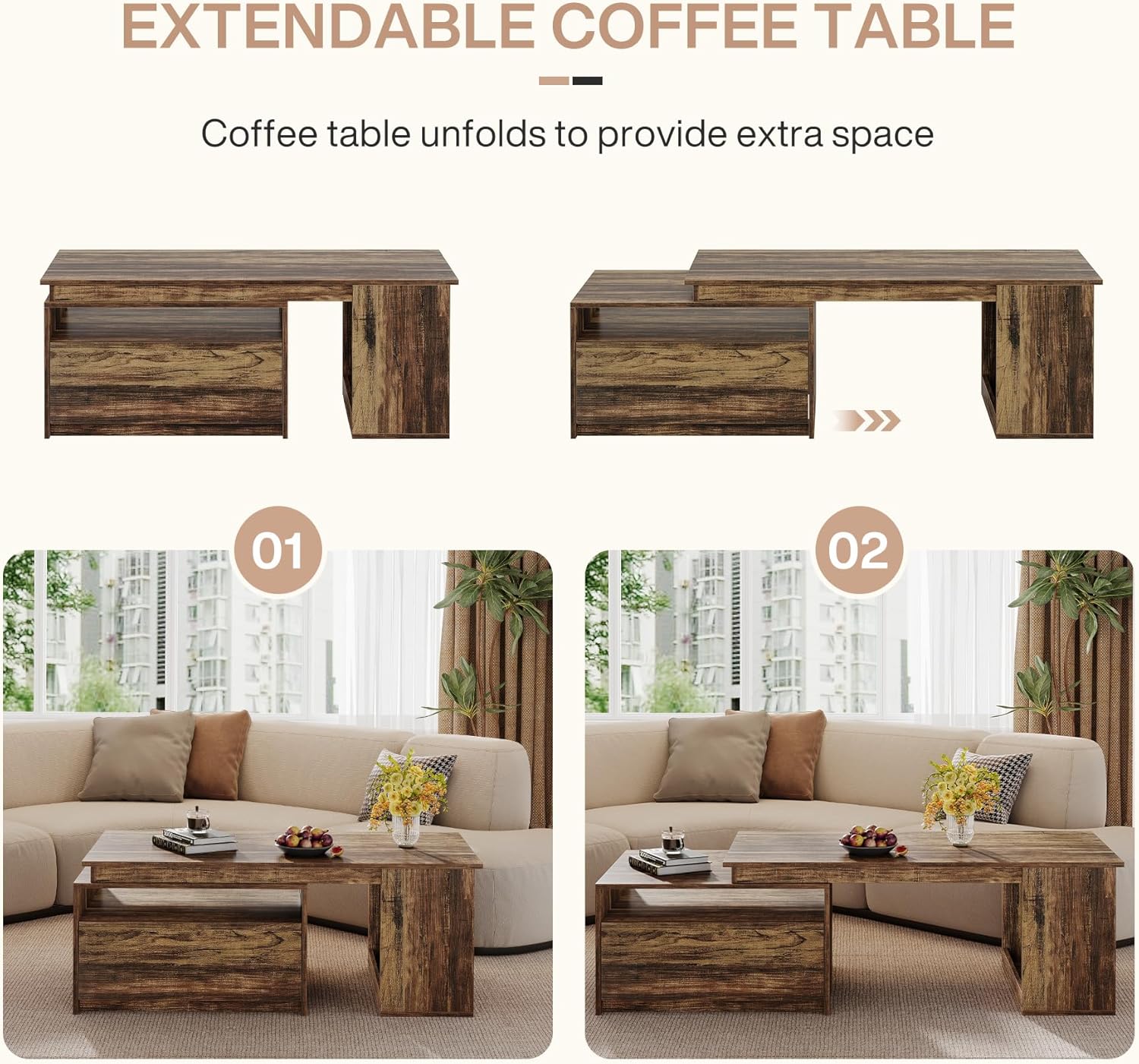 47" - 70" Extendable Coffee Table, Reversible Center Table Tea Table with Drawer Tribesigns