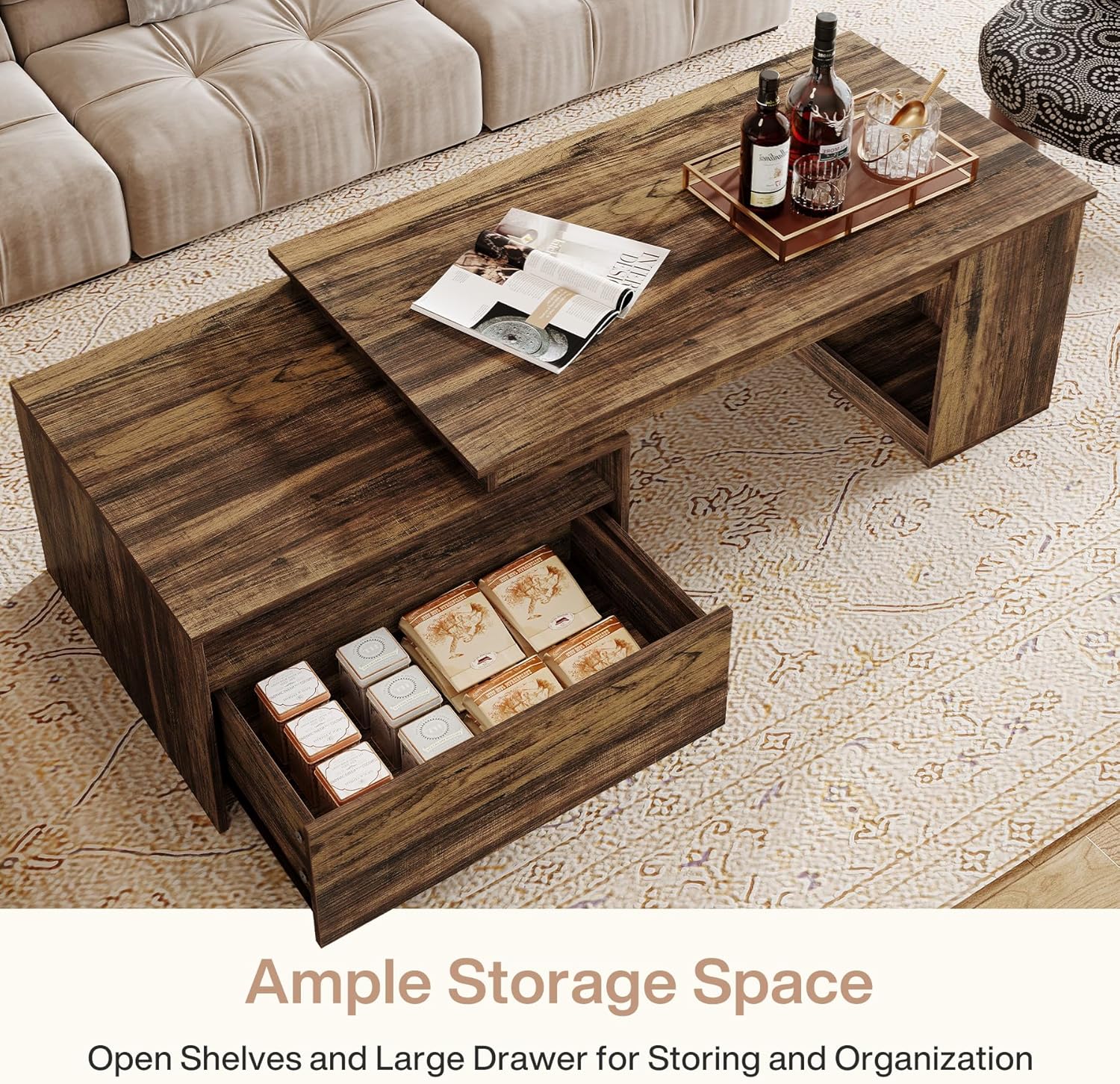 47" - 70" Extendable Coffee Table, Reversible Center Table Tea Table with Drawer Tribesigns