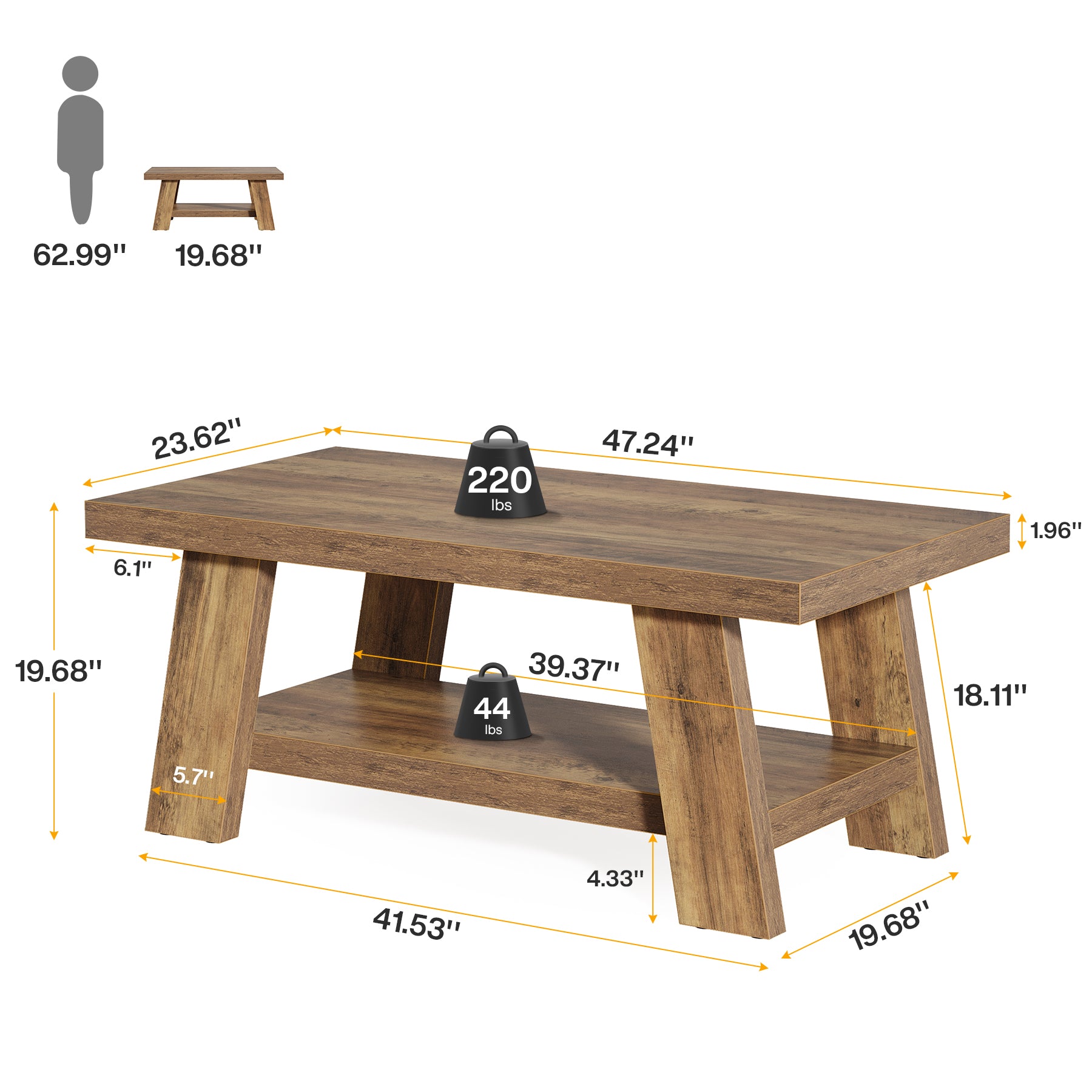 47" Coffee Table, Farmhouse 2-tier Center Table with Storage