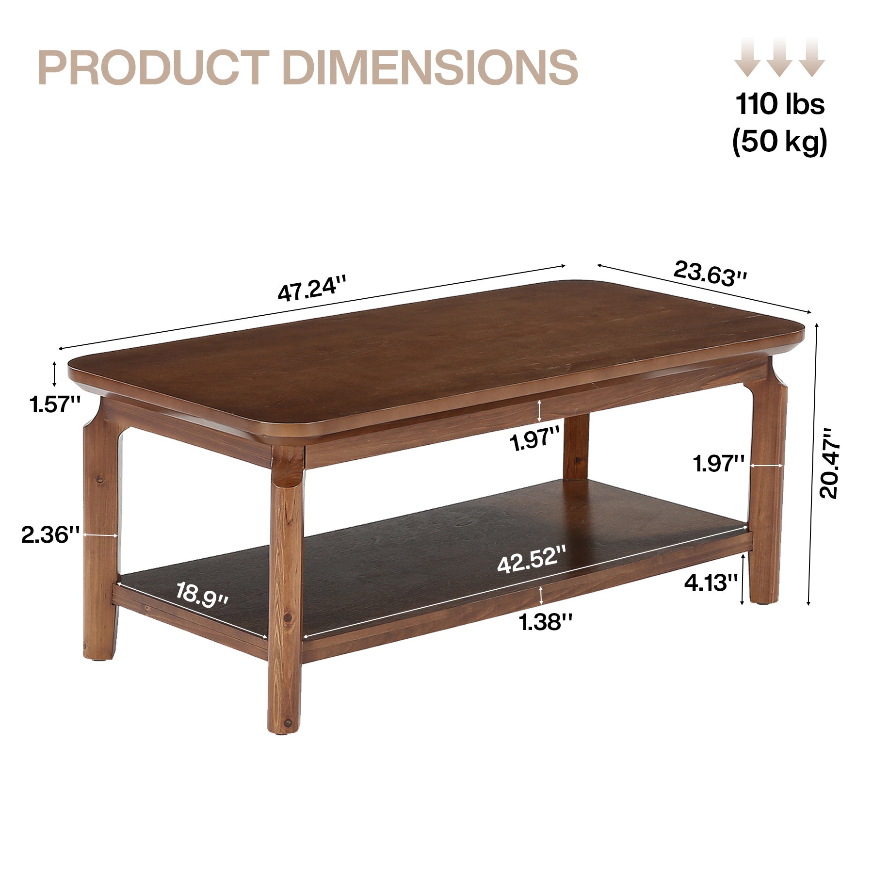 47" Coffee Table, Modern Rectangular Center Table with Open Storage Shelf for Living Room
