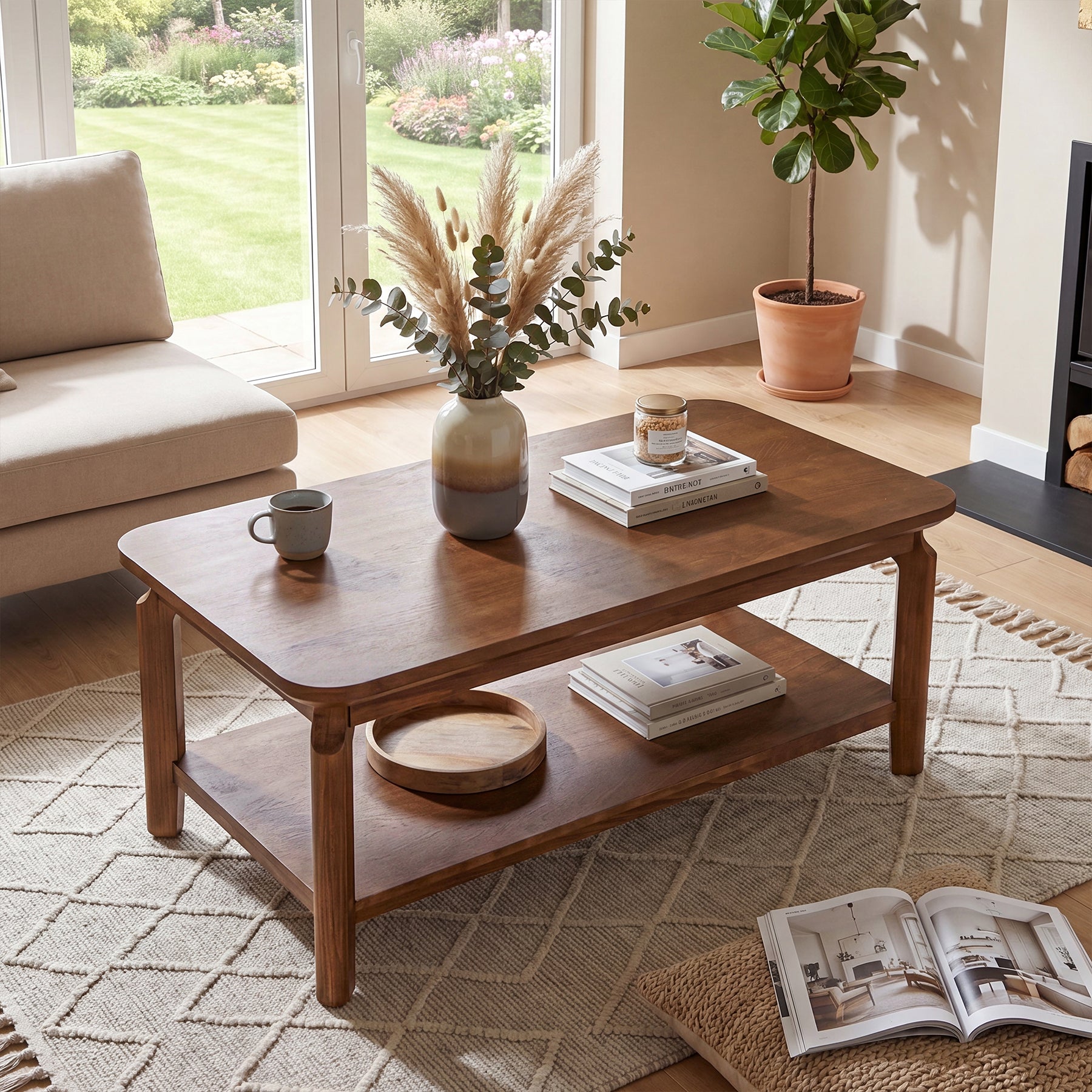 47" Coffee Table, Modern Rectangular Center Table with Open Storage Shelf for Living Room
