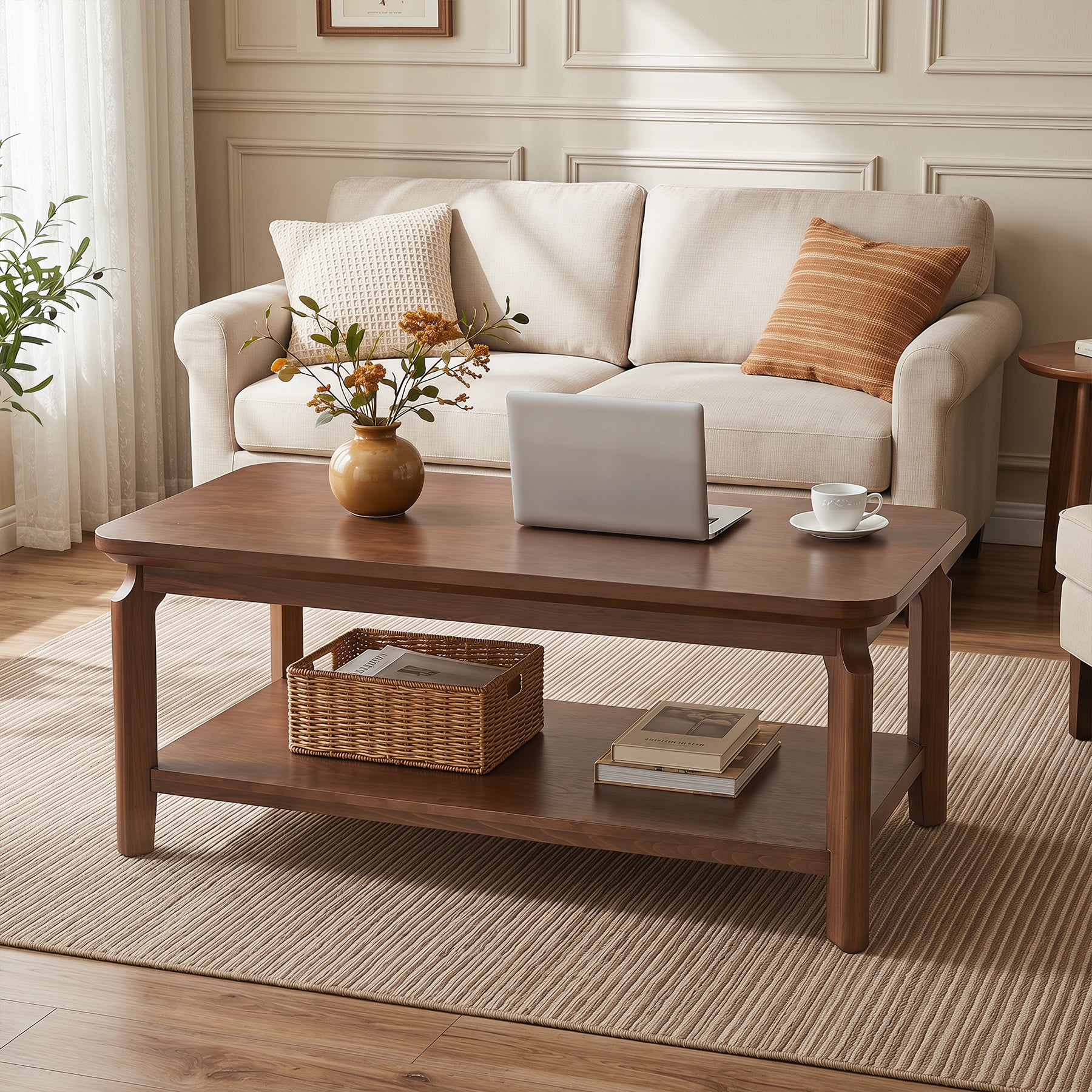 47" Coffee Table, Modern Rectangular Center Table with Open Storage Shelf for Living Room