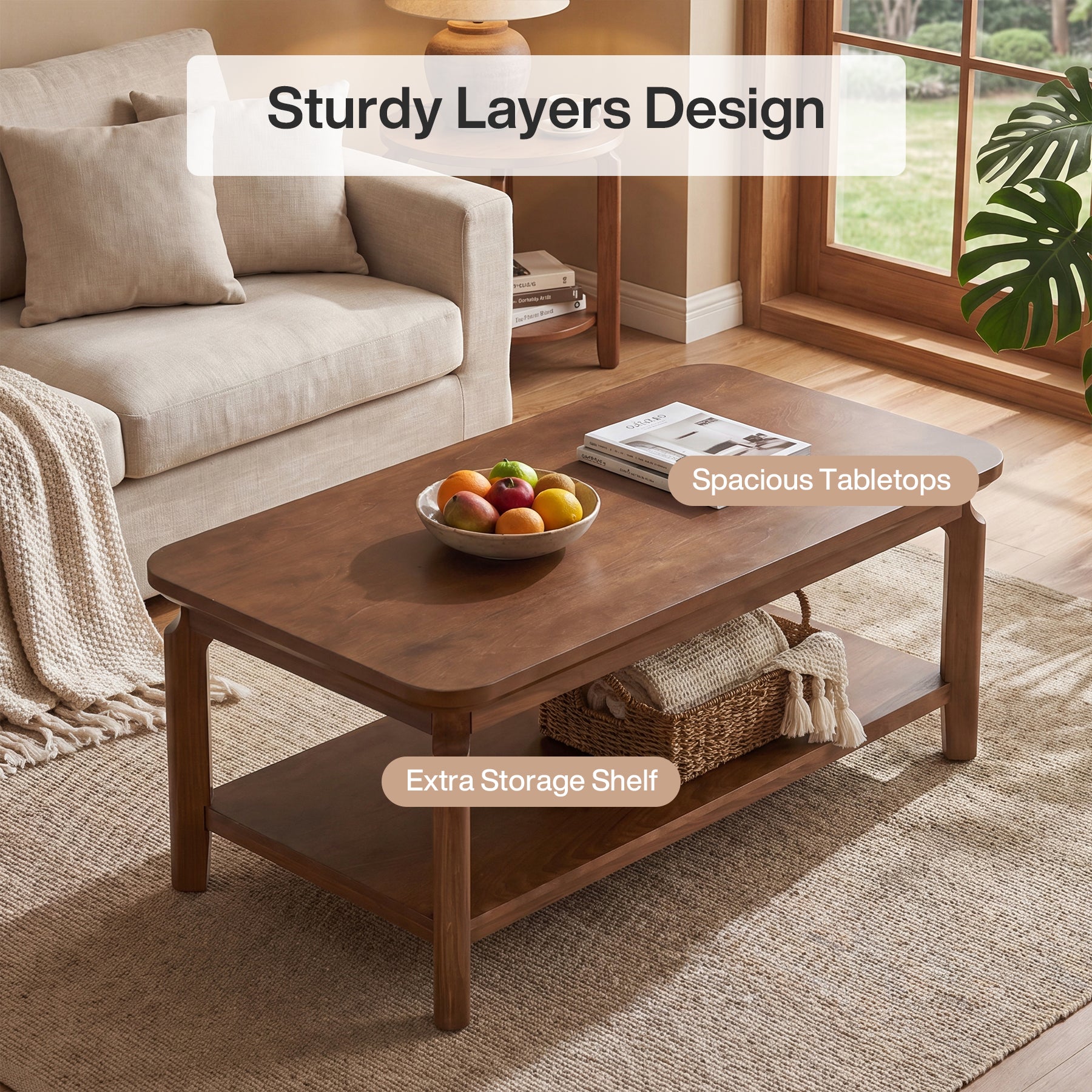 47" Coffee Table, Modern Rectangular Center Table with Open Storage Shelf for Living Room