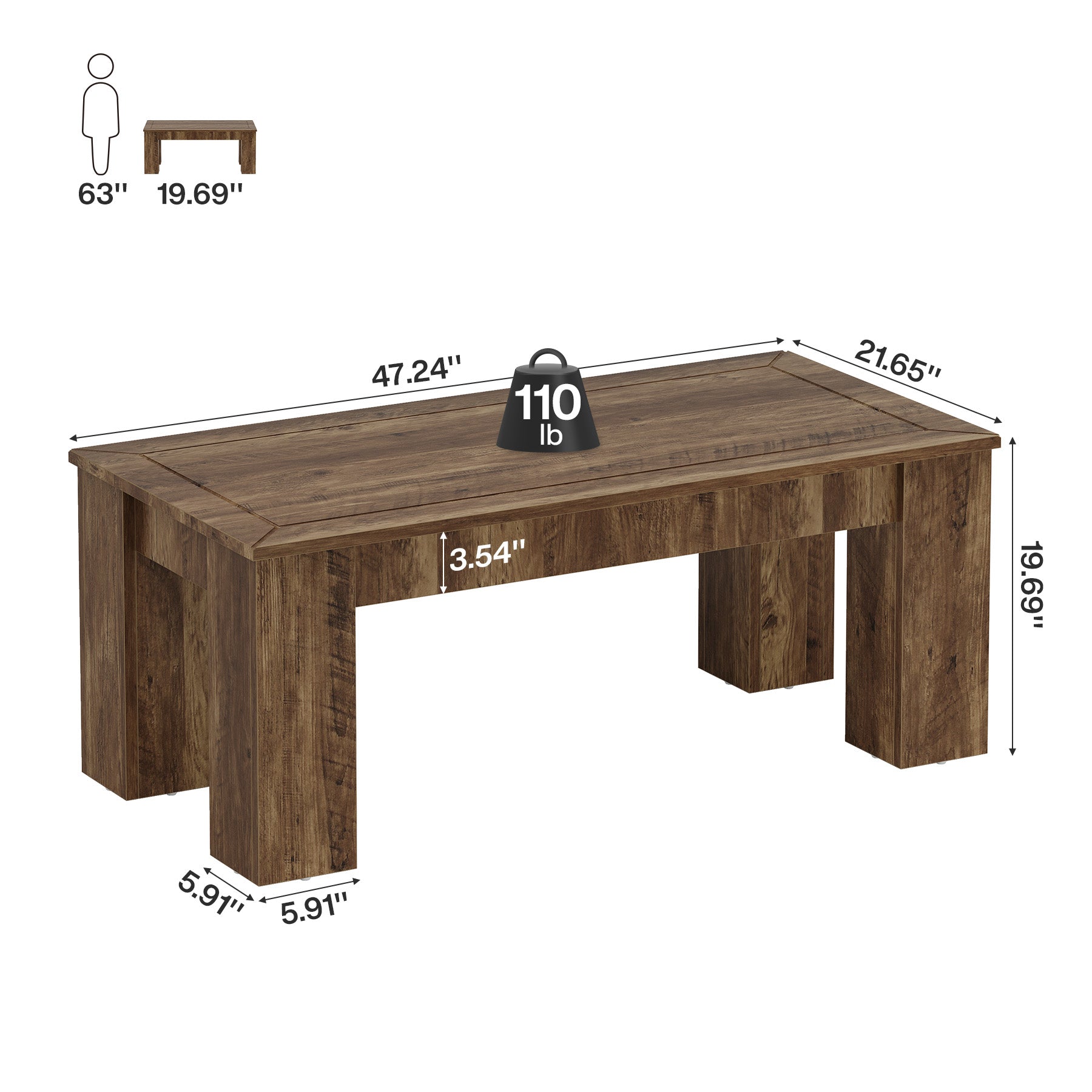 47" Coffee Table, Rectangle Center Cocktail Table with Sturdy Legs for Living Room