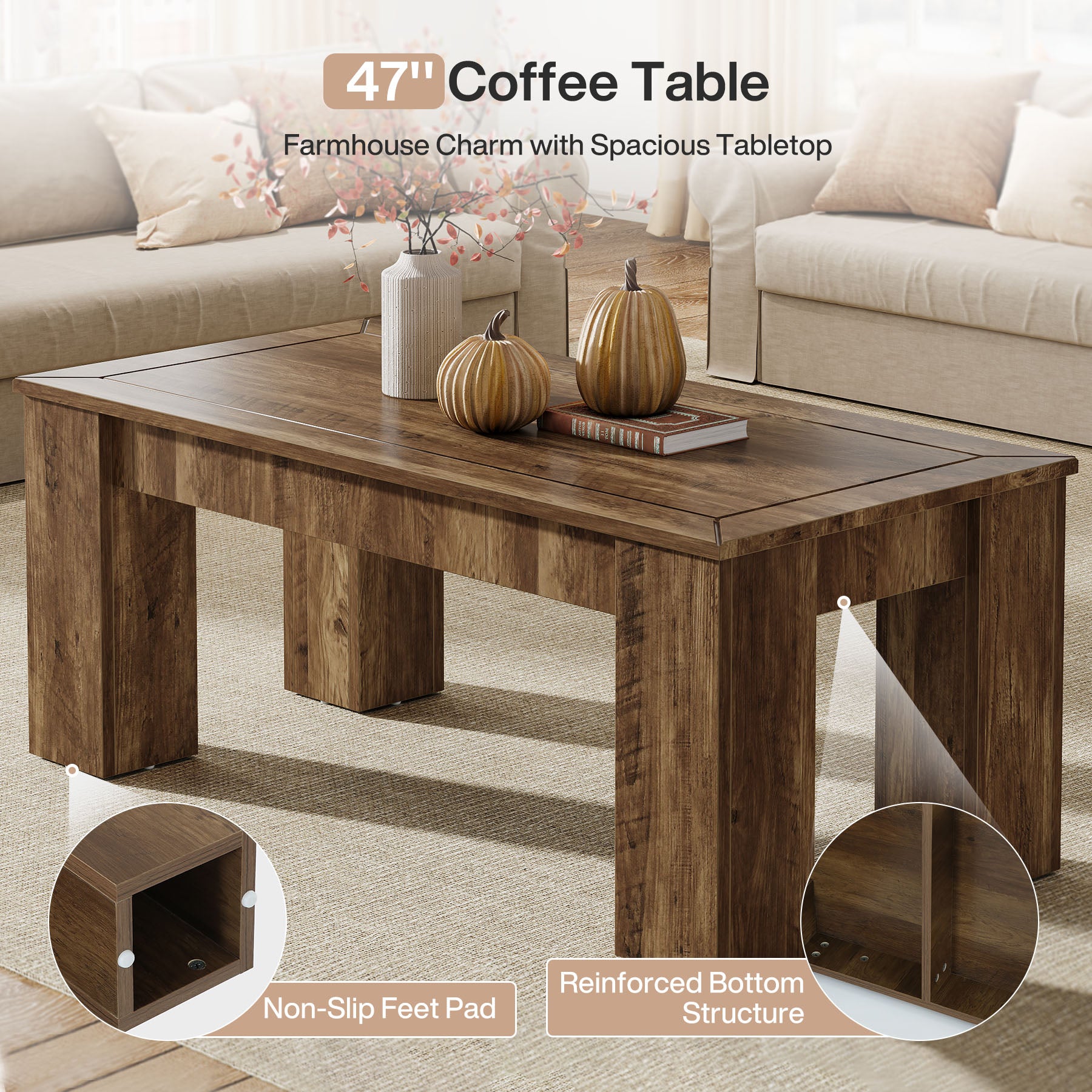 47" Coffee Table, Rectangle Center Cocktail Table with Sturdy Legs for Living Room