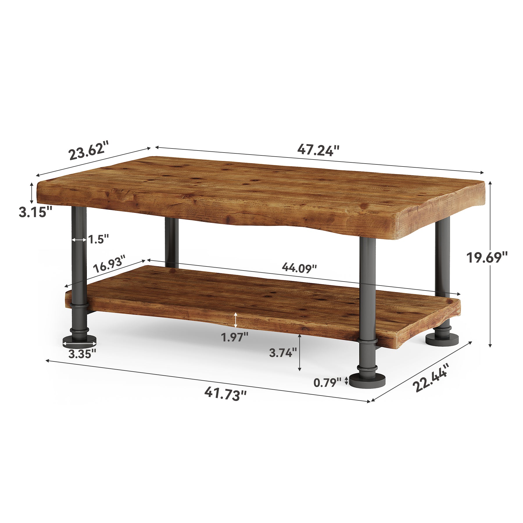 47" Coffee Table, Rectangular Wood Accent Center Table with 2-Tier Shelf