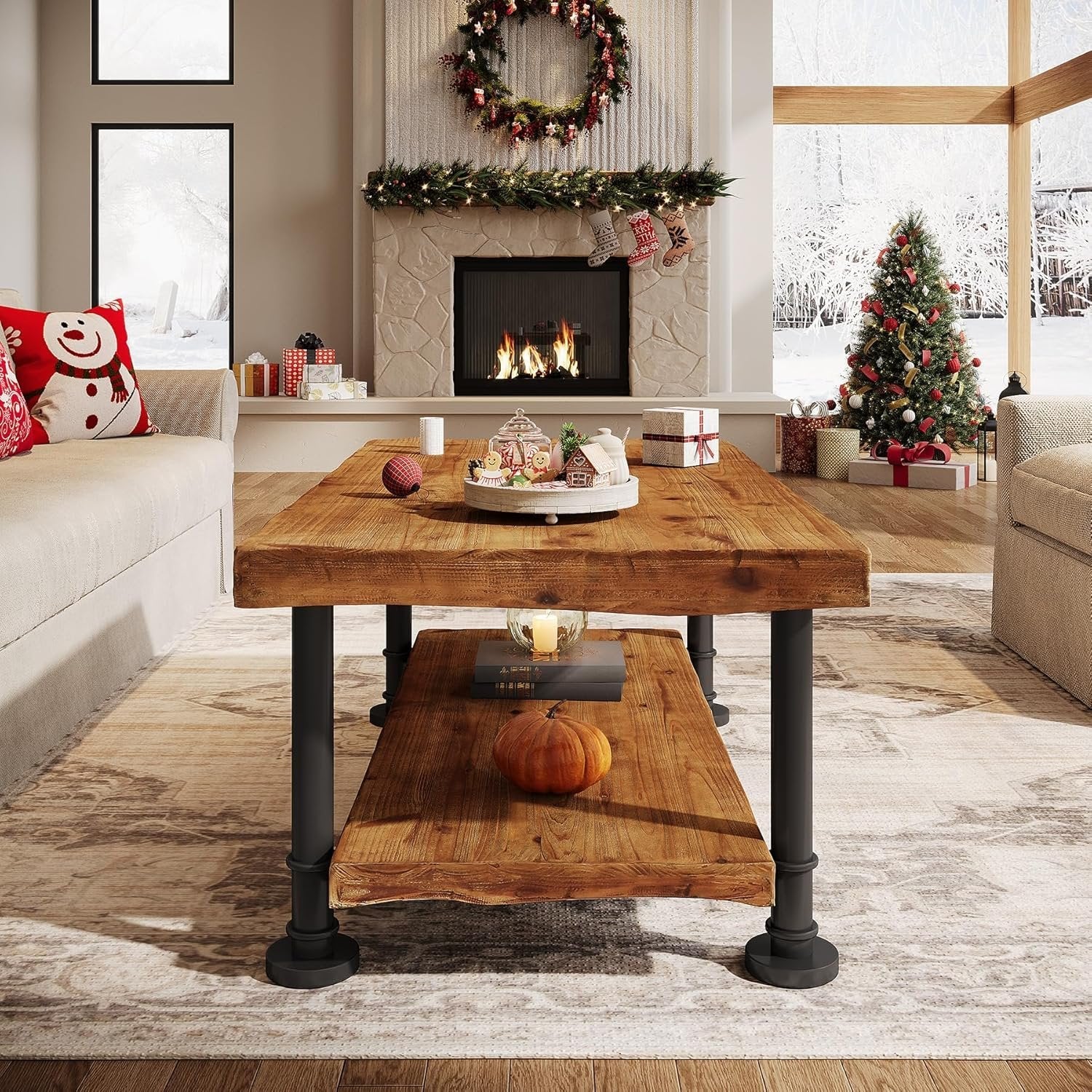 47" Coffee Table, Rectangular Wood Accent Center Table with 2-Tier Shelf