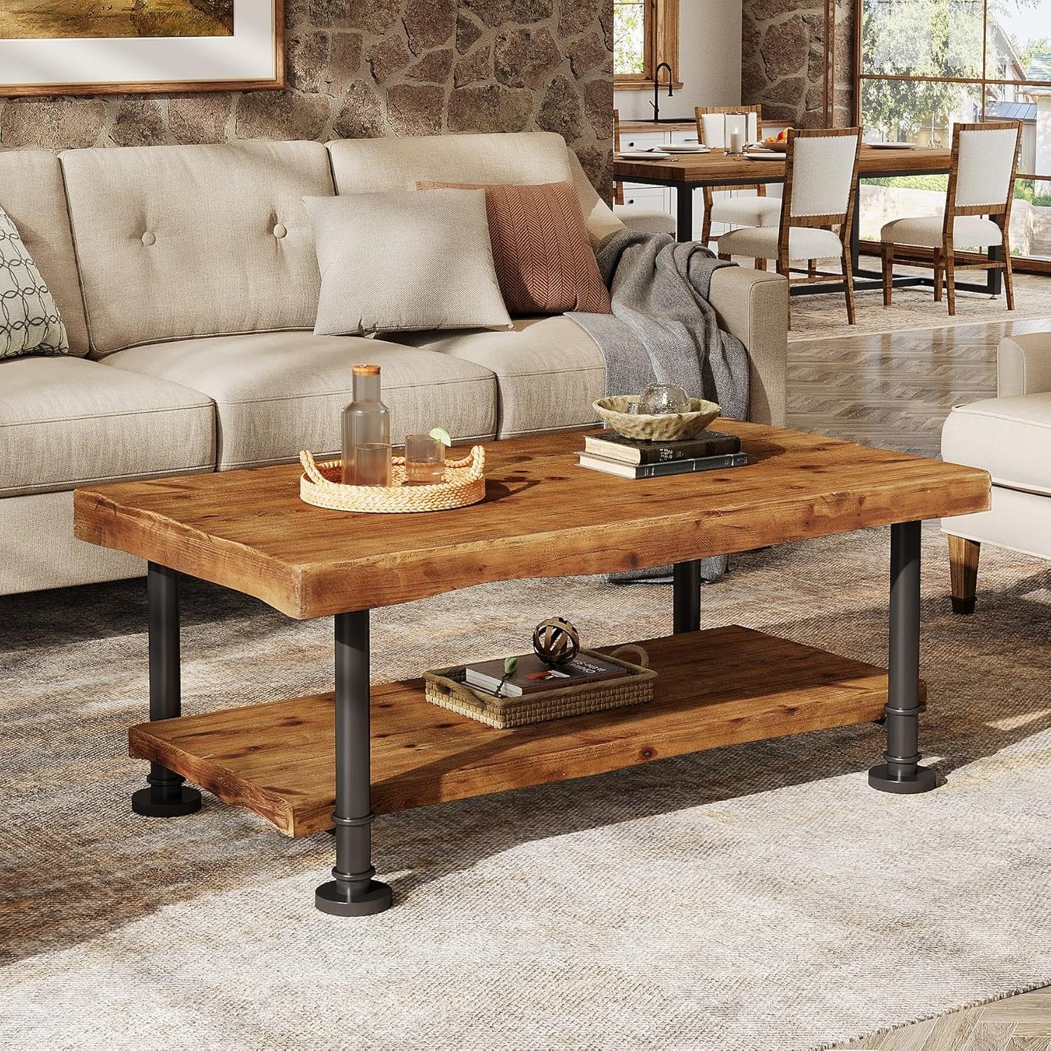 47" Coffee Table, Rectangular Wood Accent Center Table with 2-Tier Shelf