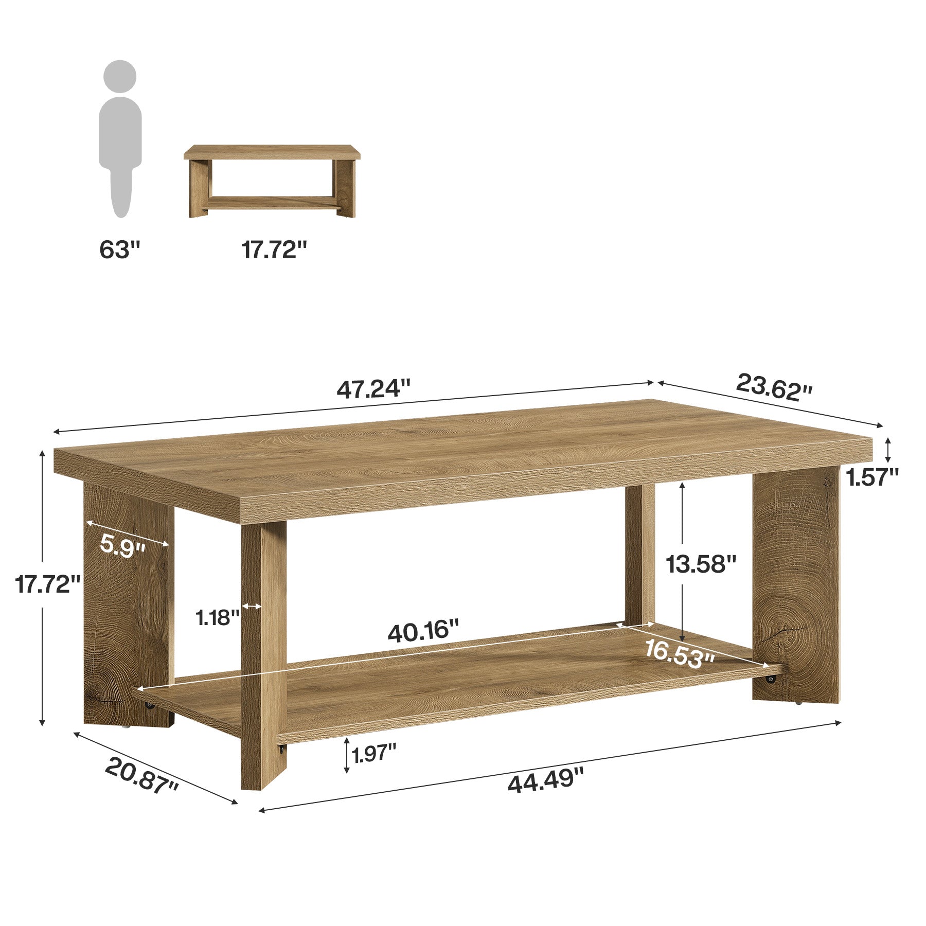 47" Coffee Tables, Farmhouse Rectangle Center Cocktail Table with Storage Shelves for Living Room