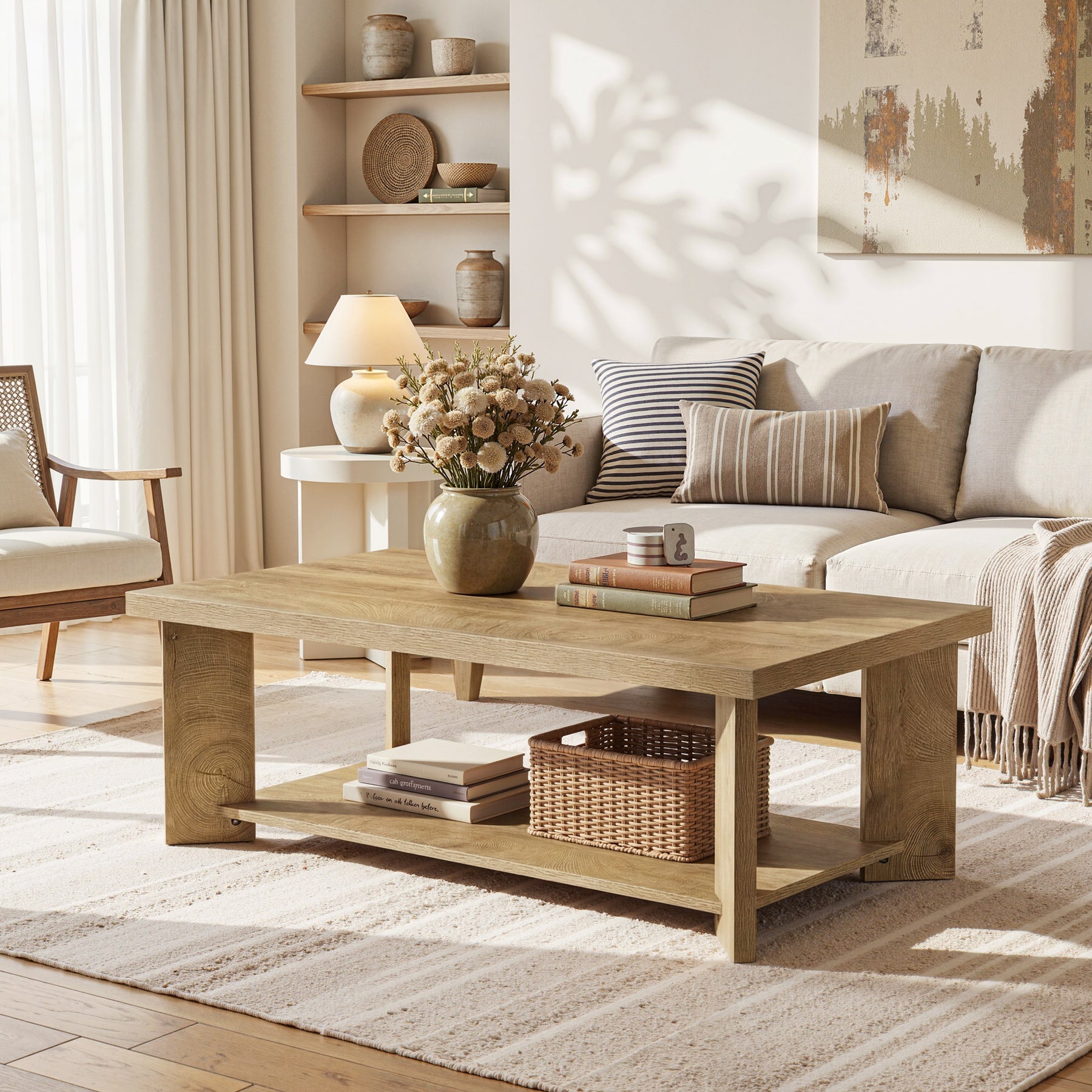 47" Coffee Tables, Farmhouse Rectangle Center Cocktail Table with Storage Shelves for Living Room