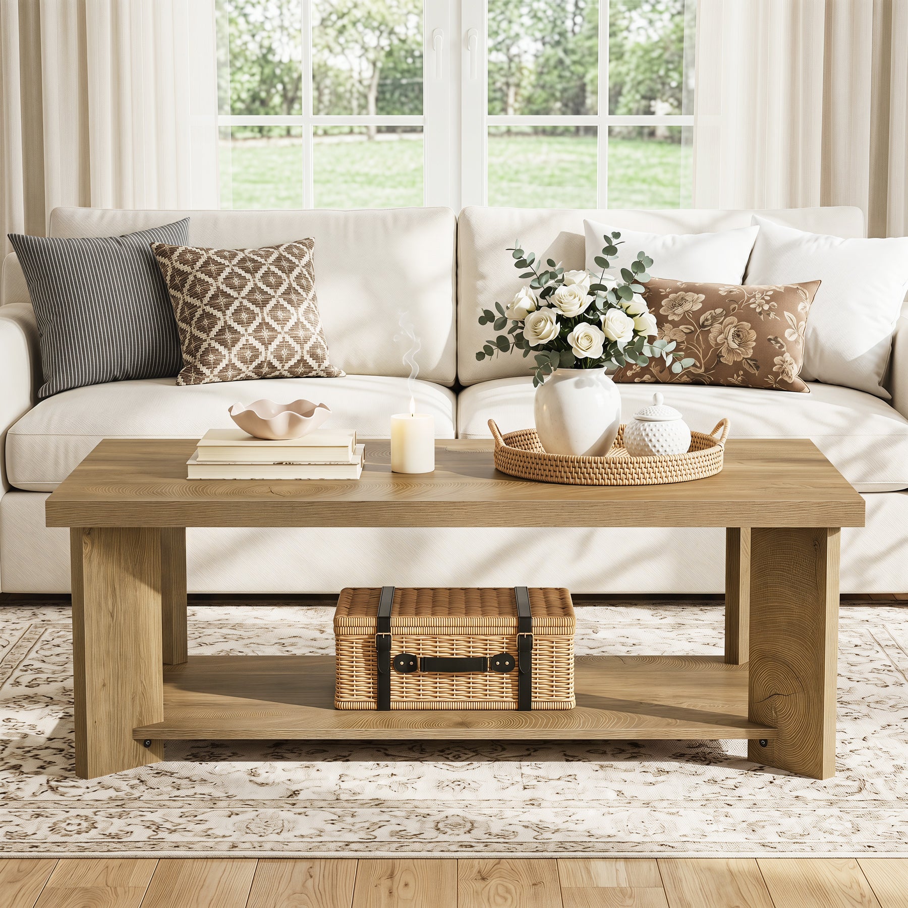 47" Coffee Tables, Farmhouse Rectangle Center Cocktail Table with Storage Shelves for Living Room