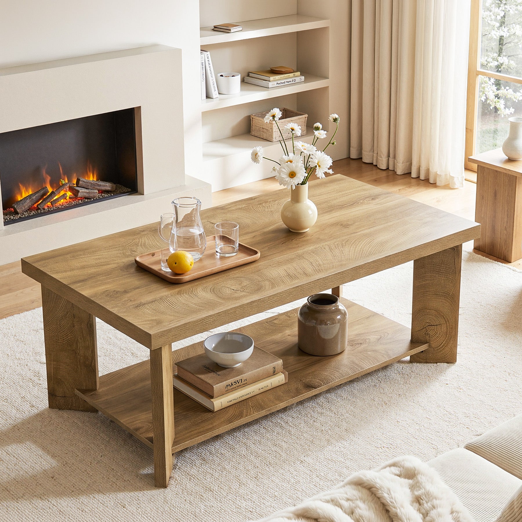 47" Coffee Tables, Farmhouse Rectangle Center Cocktail Table with Storage Shelves for Living Room