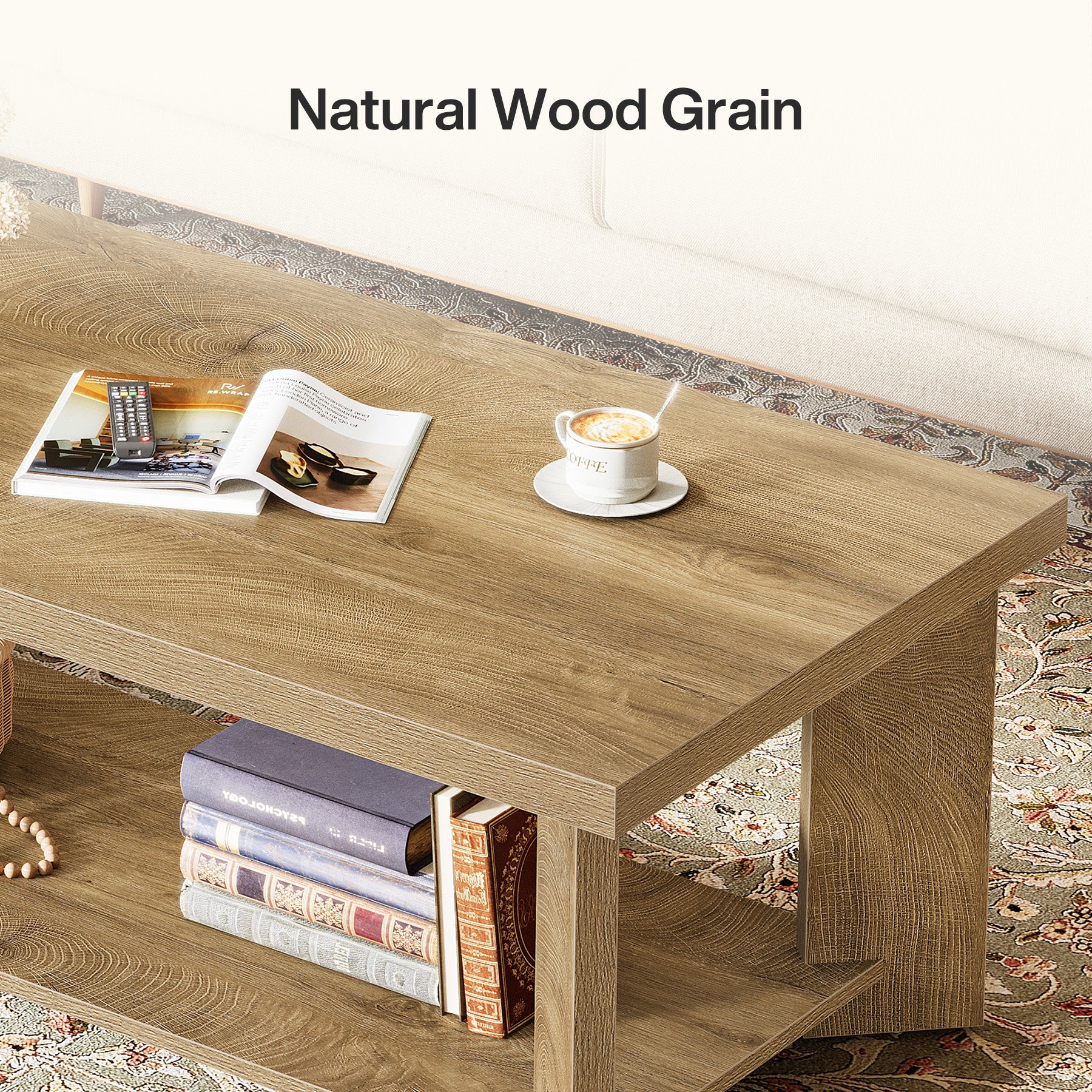 47" Coffee Tables, Farmhouse Rectangle Center Cocktail Table with Storage Shelves for Living Room