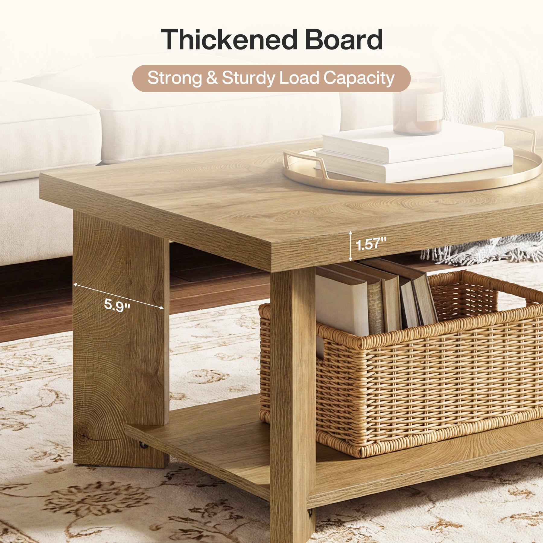 47" Coffee Tables, Farmhouse Rectangle Center Cocktail Table with Storage Shelves for Living Room