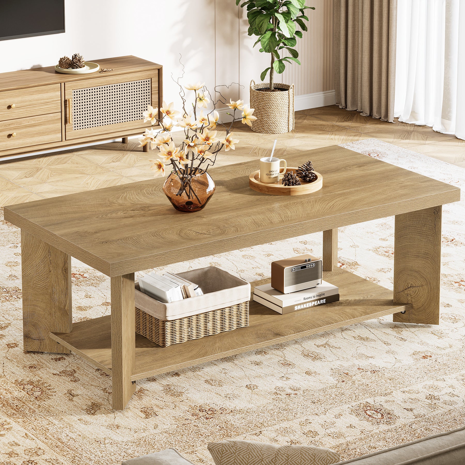 47" Coffee Tables, Farmhouse Rectangle Center Cocktail Table with Storage Shelves for Living Room